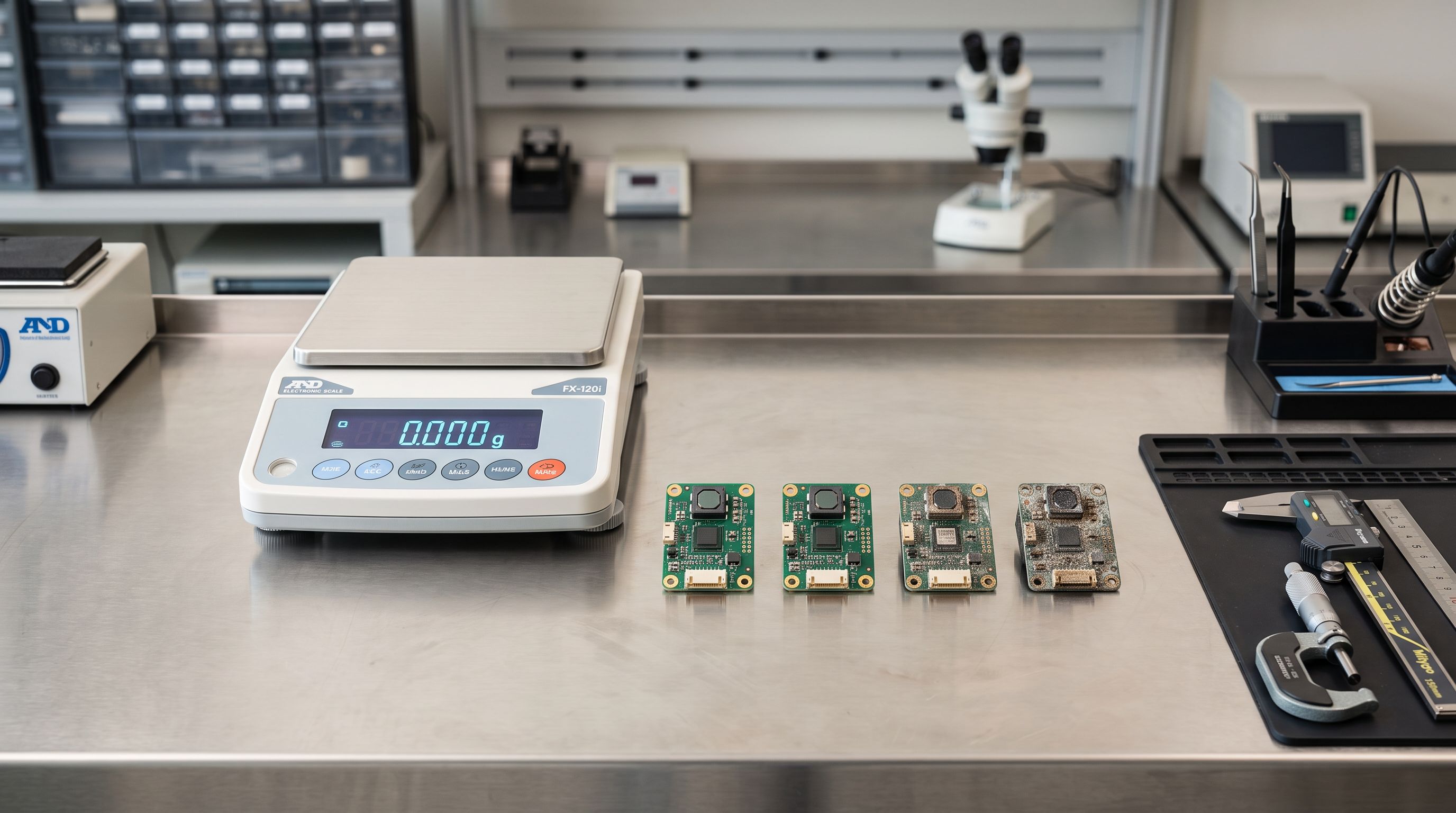 Quality inspection scale with electronic components and verified measurement results displayed.