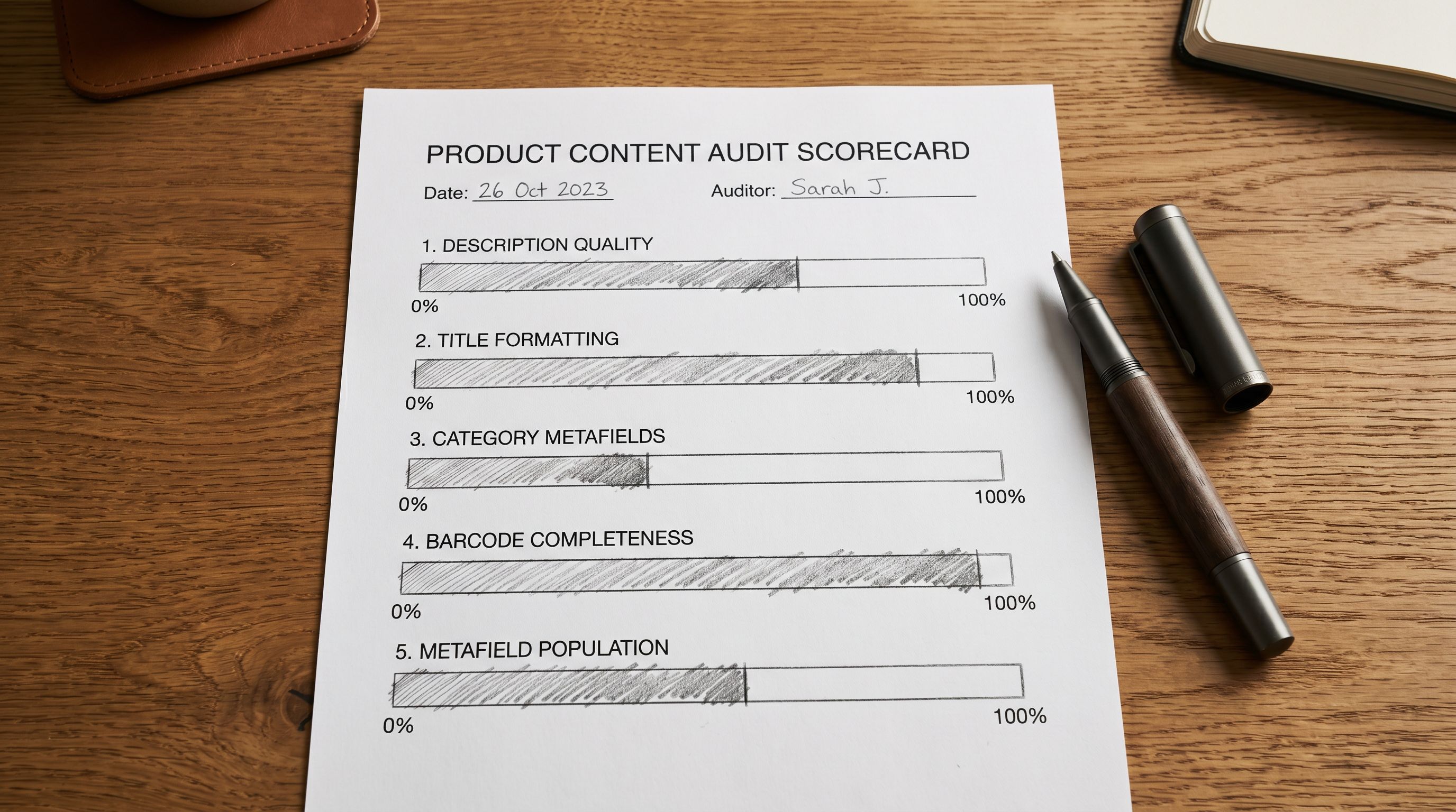 Printed product content audit scorecard on a wooden desk showing five labelled rows for description quality, title formatting, category metafields, barcode completeness, and metafield population, each with a progress bar drawn in pencil beside it.