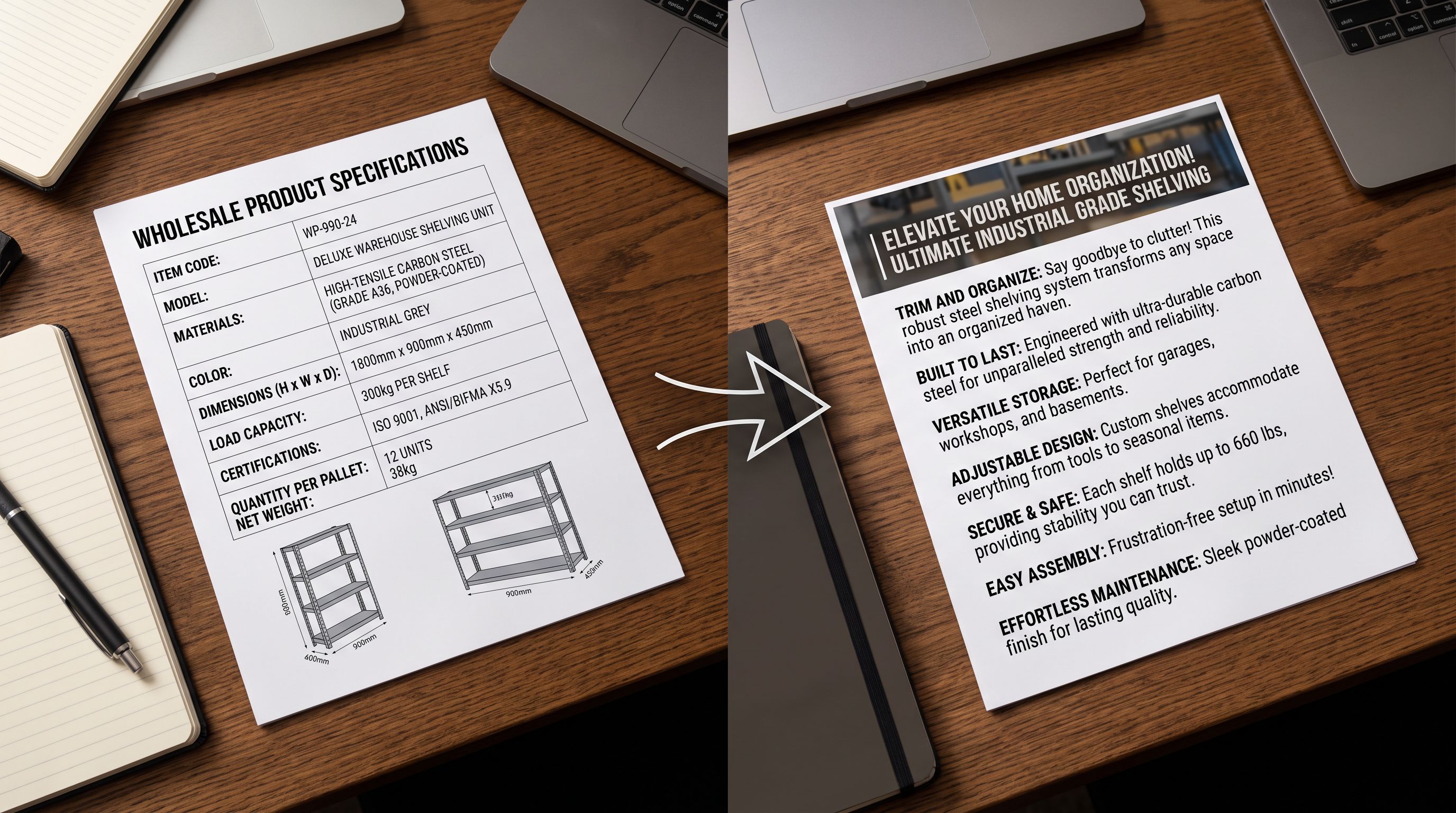 A printed supplier product specification sheet on a desk beside a printed consumer-facing product description, showing the rewriting transformation from technical specification to benefit-focused copy.