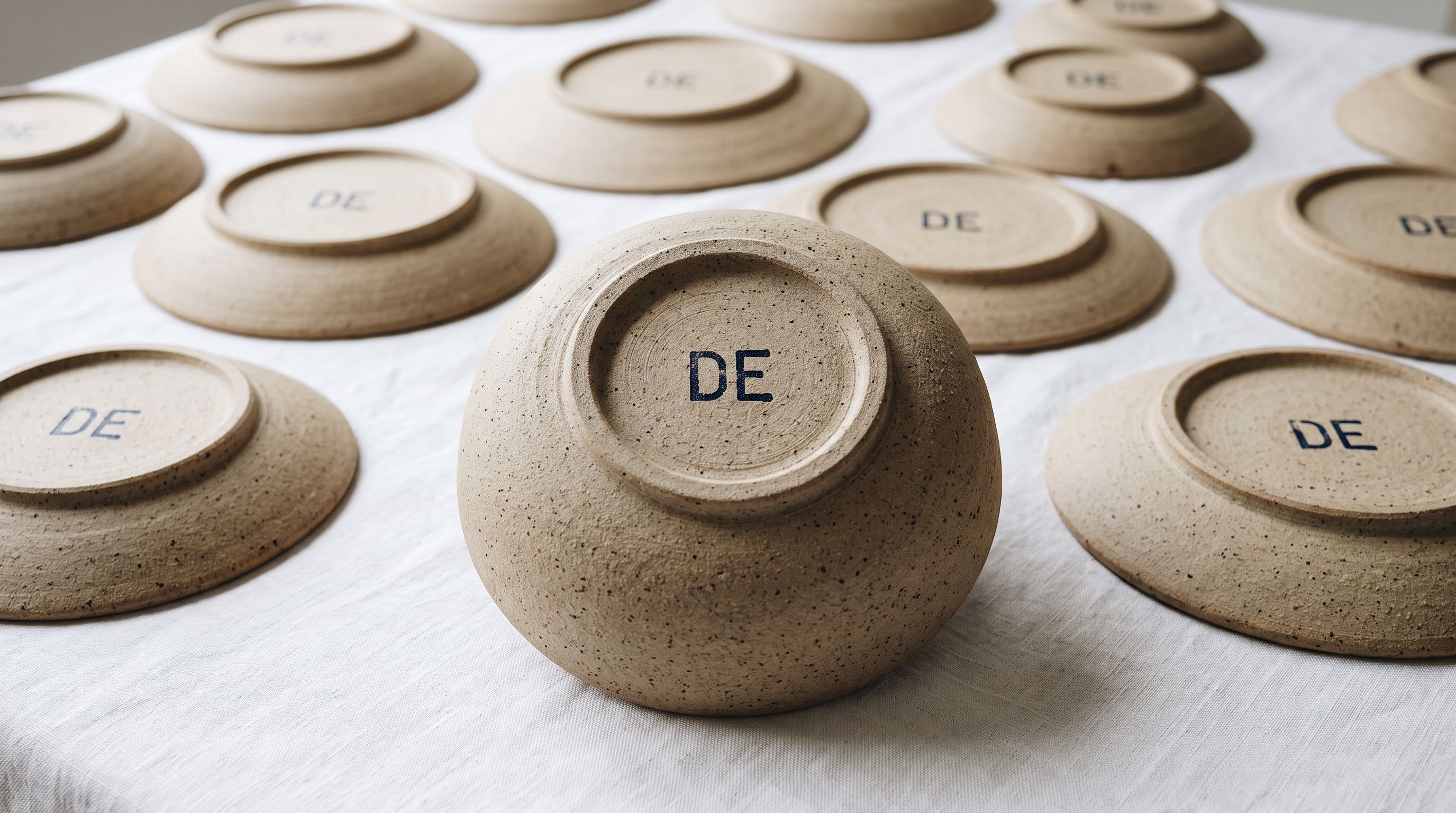 Close-up of a ceramic product base showing a two-letter country of origin stamp with similar stamped ceramic pieces arranged behind it on a white surface