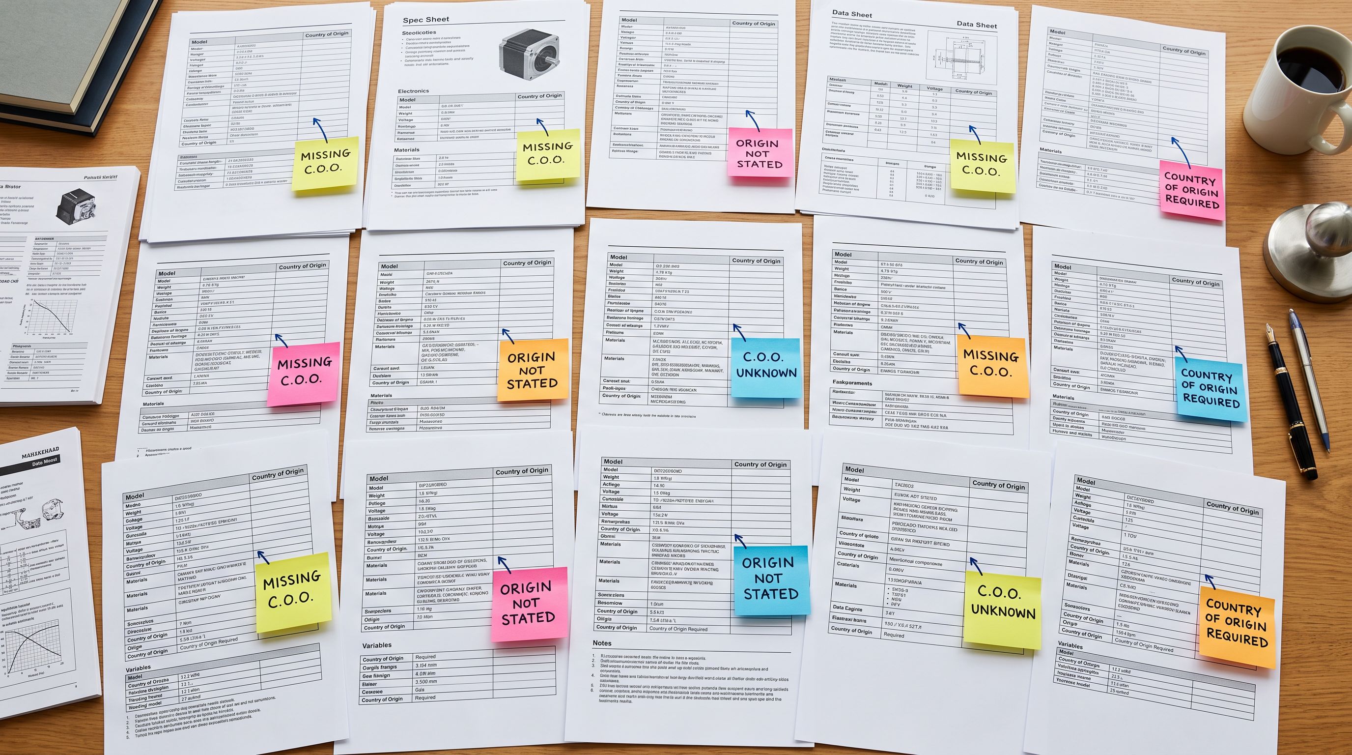 Manufacturer specification sheets spread across a wide desk with sticky note annotations marking blank country of origin fields across multiple product rows