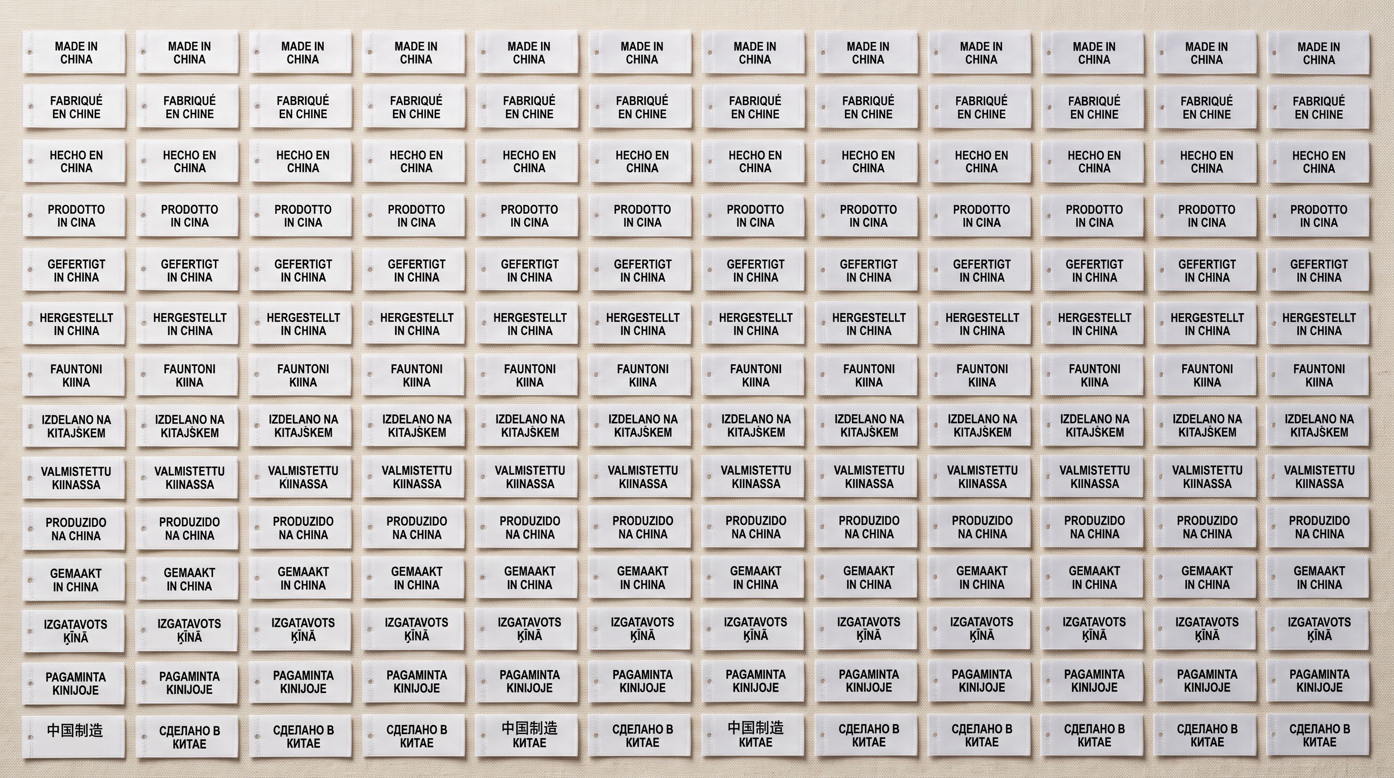 Rows of white garment tags laid flat on a surface showing country of manufacture text in multiple languages representing mandatory country of origin labelling