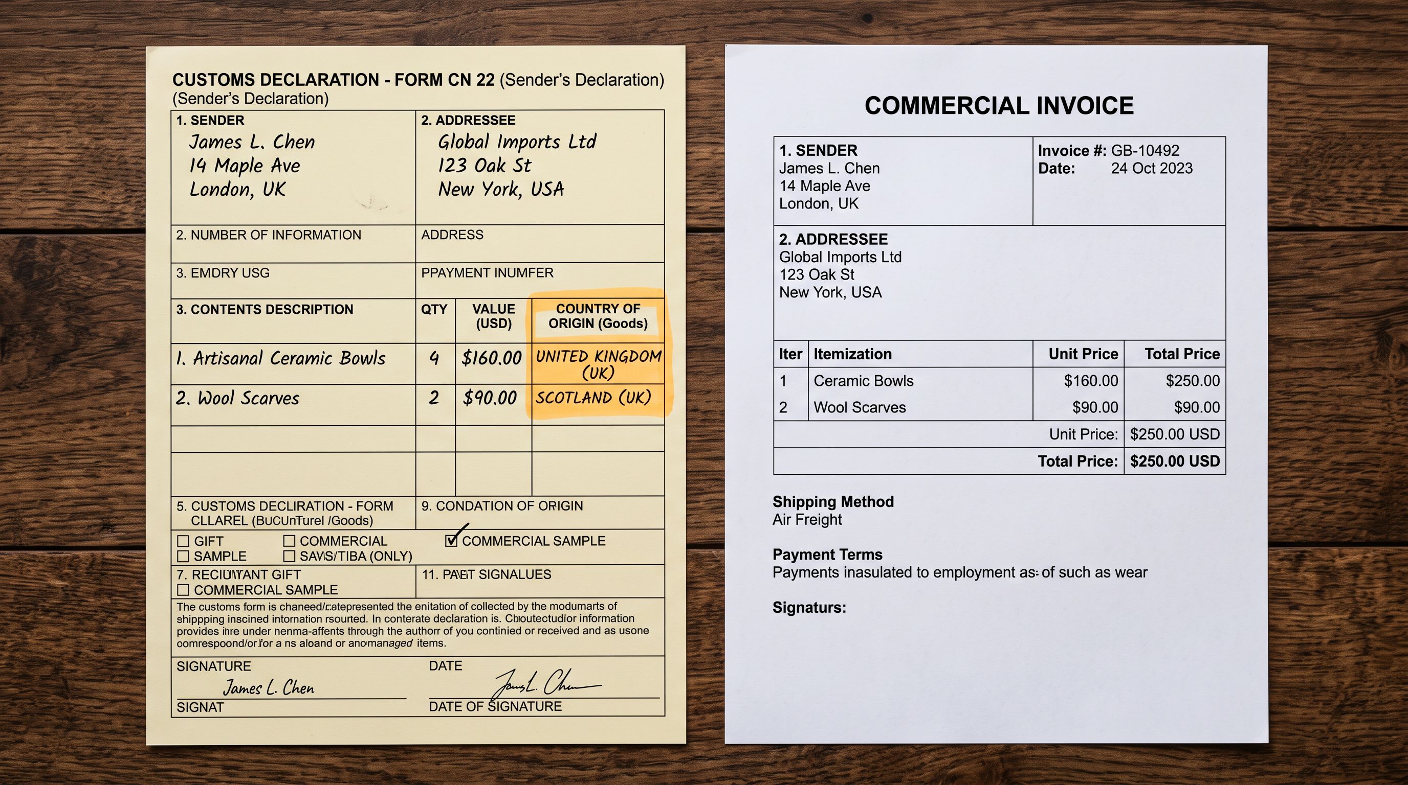 A printed customs declaration form on cream paper with a highlighted field for country of origin lying beside a commercial invoice representing international shipping documentation