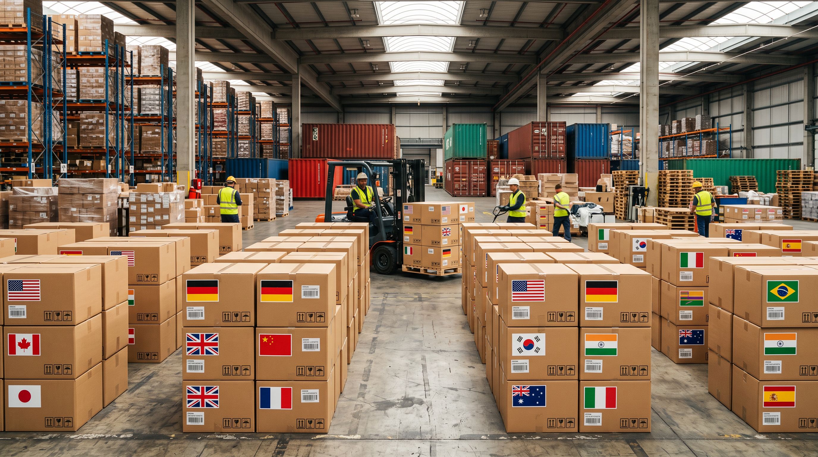 Cardboard product boxes marked with national flag stickers for different countries of manufacture arranged on a warehouse floor