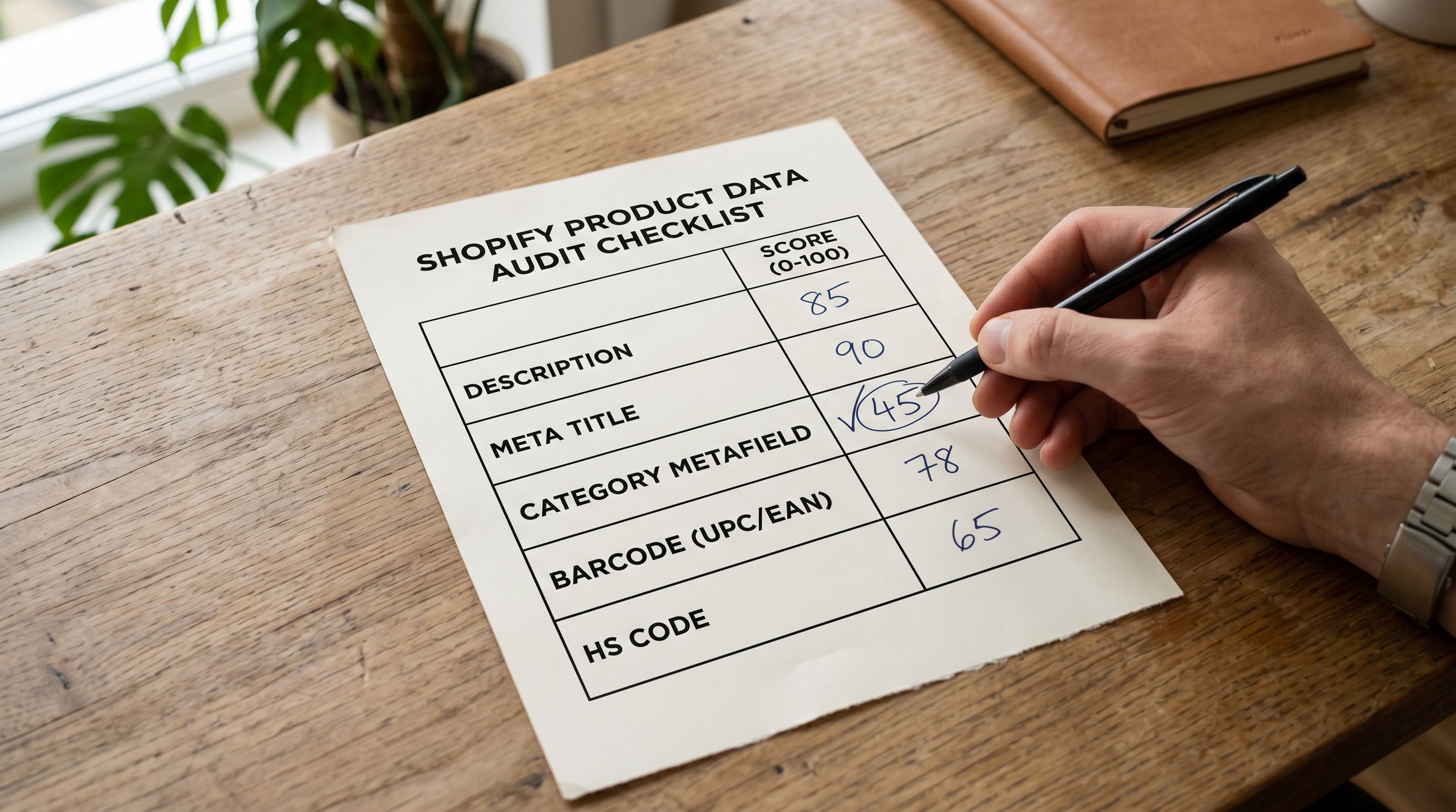Printed Shopify product data audit checklist on a desk showing five labelled rows for descriptions, meta titles, category metafields, barcodes, and HS codes, with handwritten completion scores in the right column and a pen marking the lowest-scoring field.