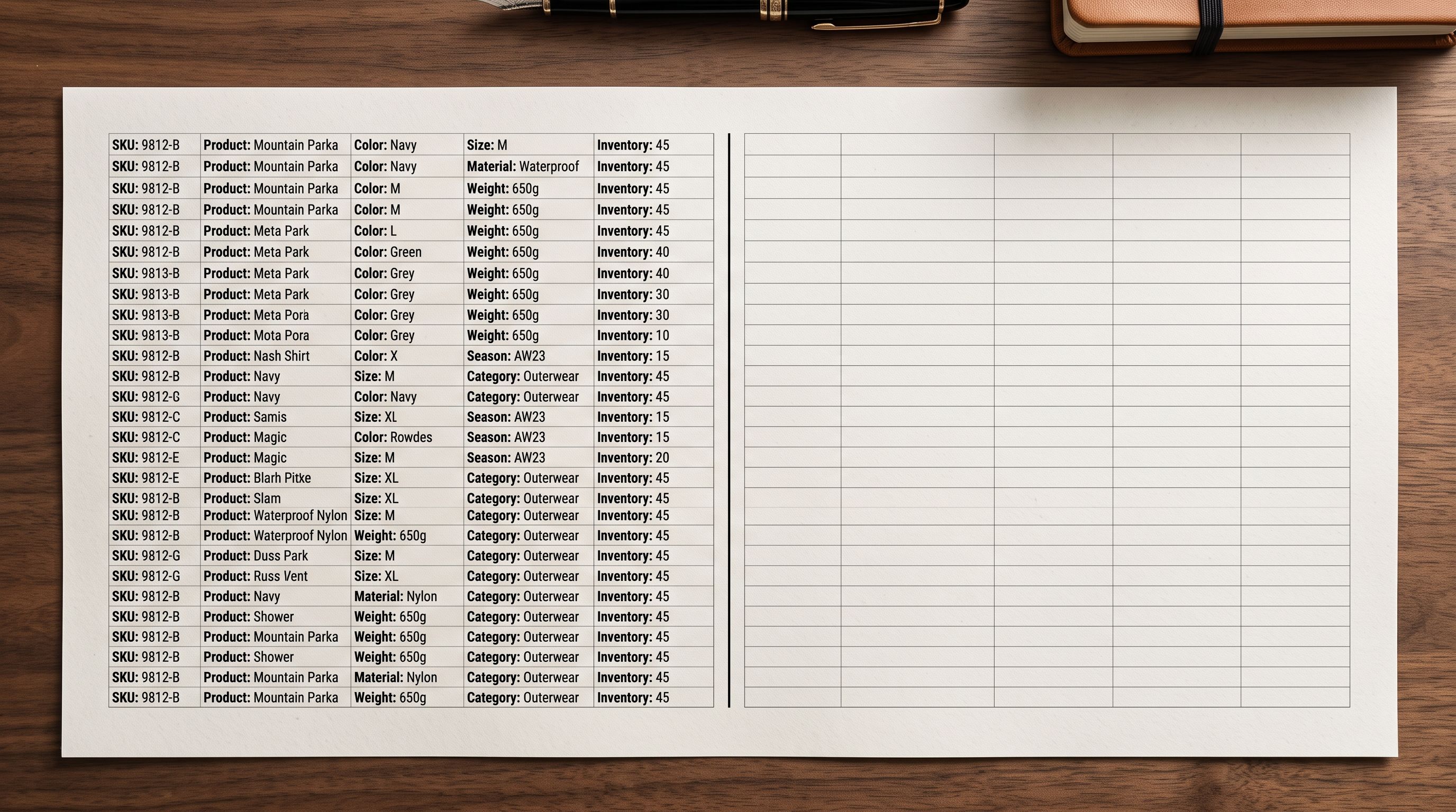A printed data table showing rows of product information with a highlighted column of blank cells representing missing metafield data in an export