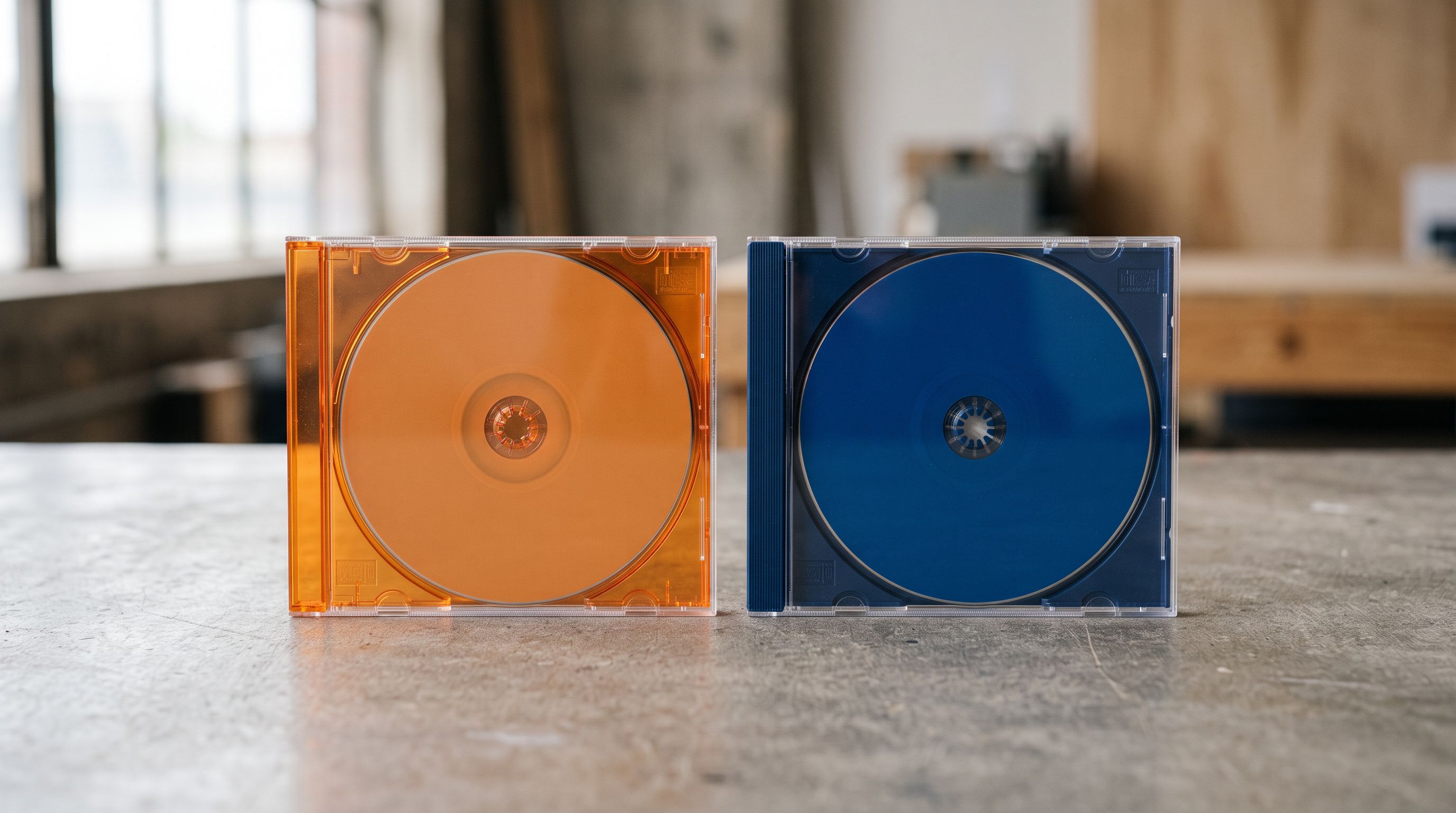 Two separate compact disc cases placed side by side, one orange and one blue, representing two distinct export files as separate backup components