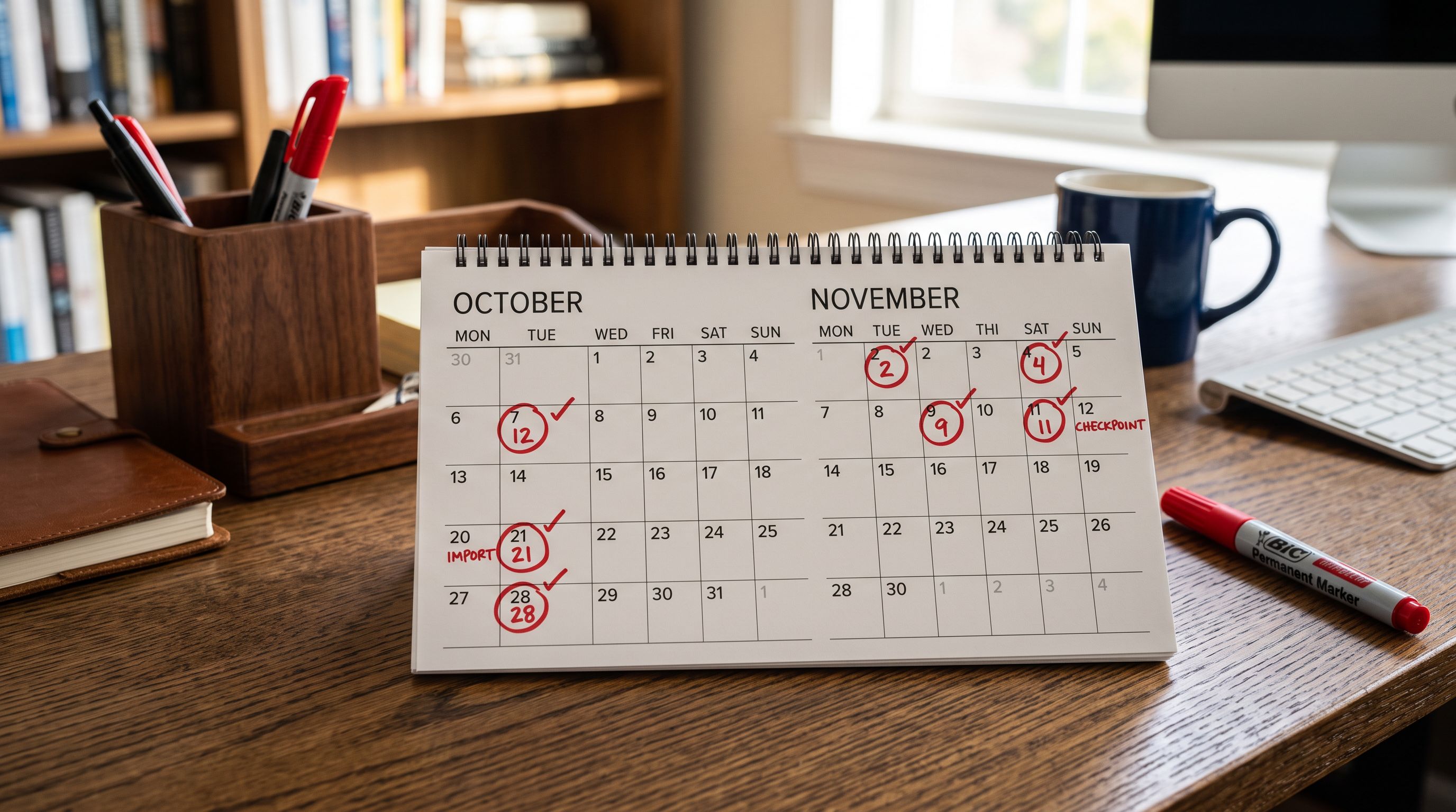 A paper desk calendar with red marker circles drawn around specific dates representing planned backup checkpoints before major product import operations