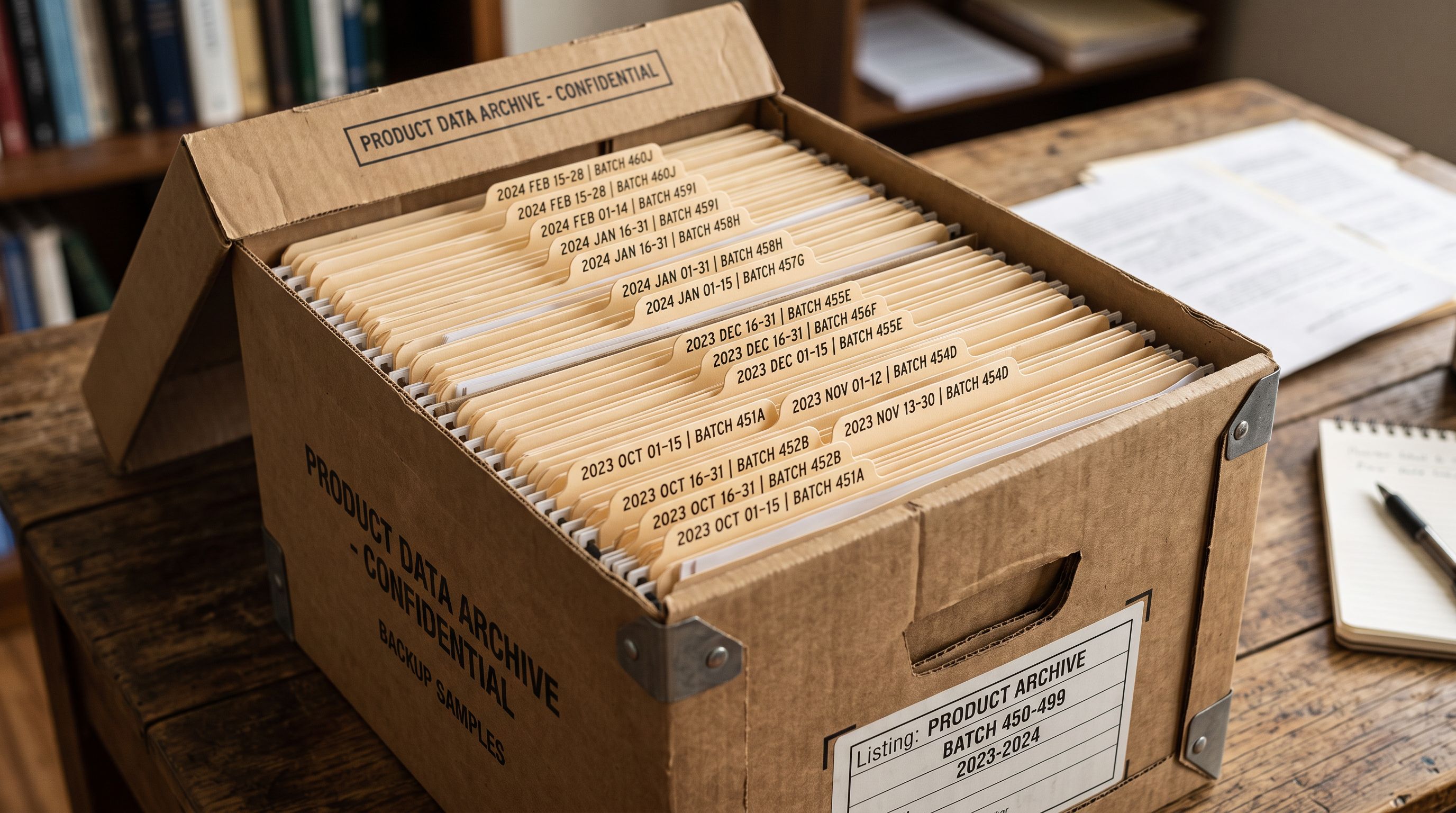 An open archive filing box with neatly organised manila folders arranged chronologically by date representing a structured product data backup archive