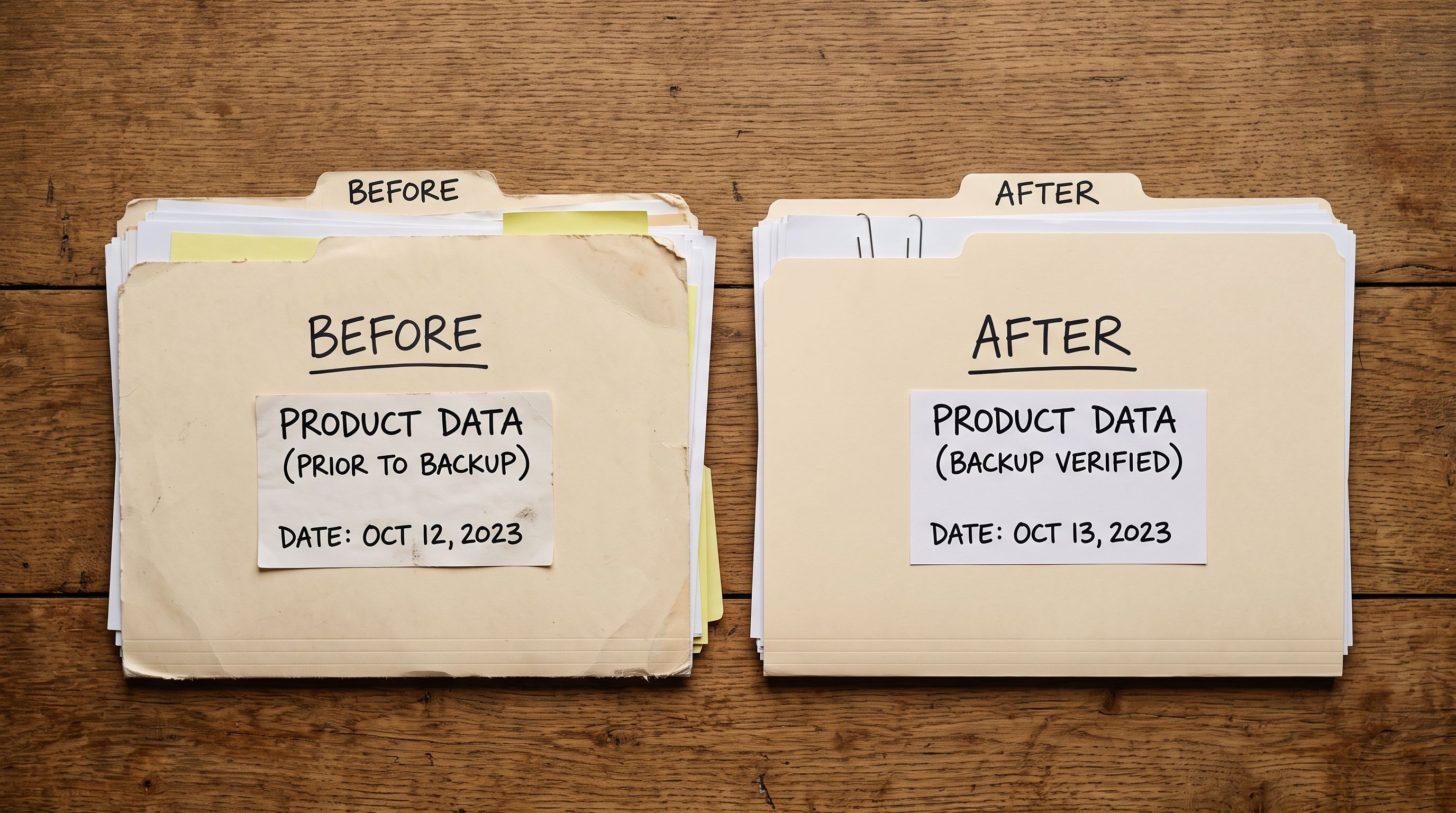 Two clearly labelled file folders with date labels laid flat on a wooden surface representing a product data backup protocol