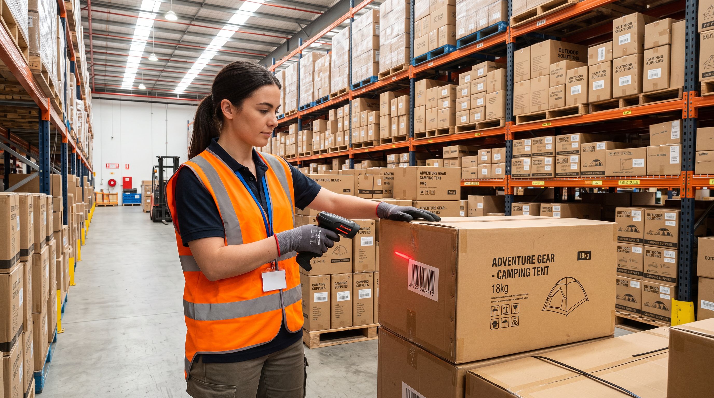 Warehouse worker scanning a barcode label on a boxed outdoor product with a handheld scanner in a bright distribution centre.