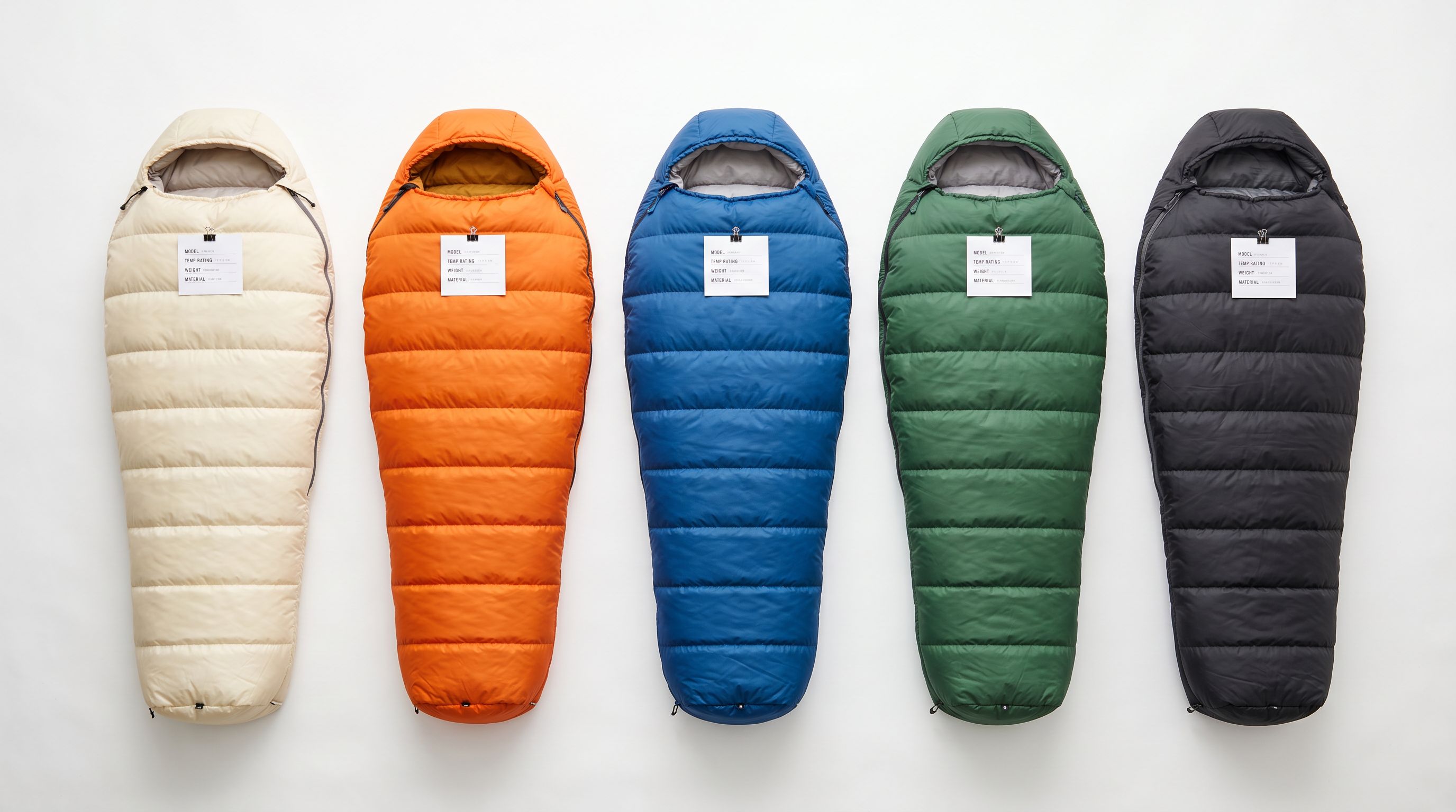 Five sleeping bags in different colours laid side by side with small specification cards on a white studio surface viewed from above.