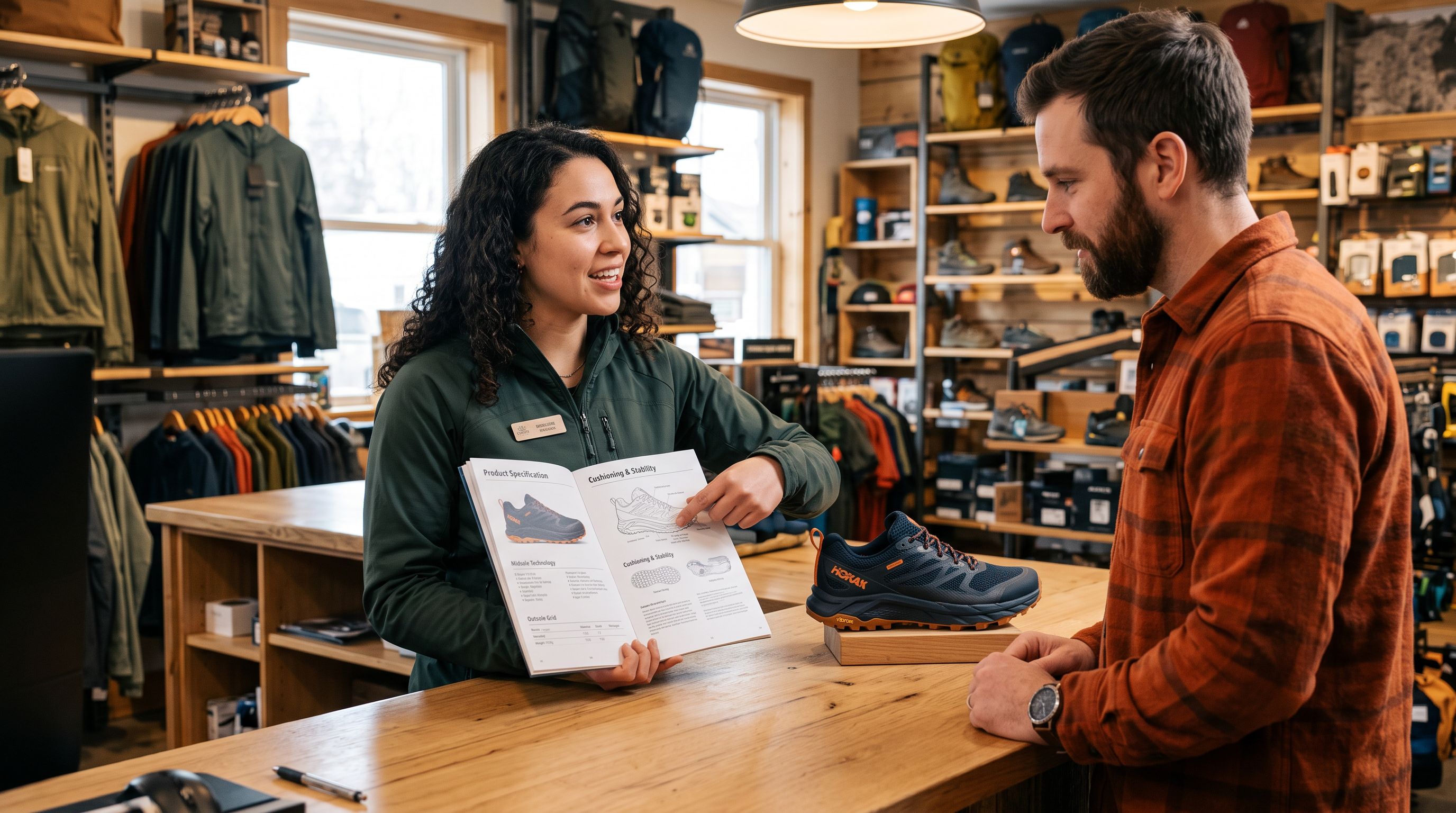 Outdoor gear store sales assistant pointing to a product specification booklet beside a trail shoe display at a retail counter.