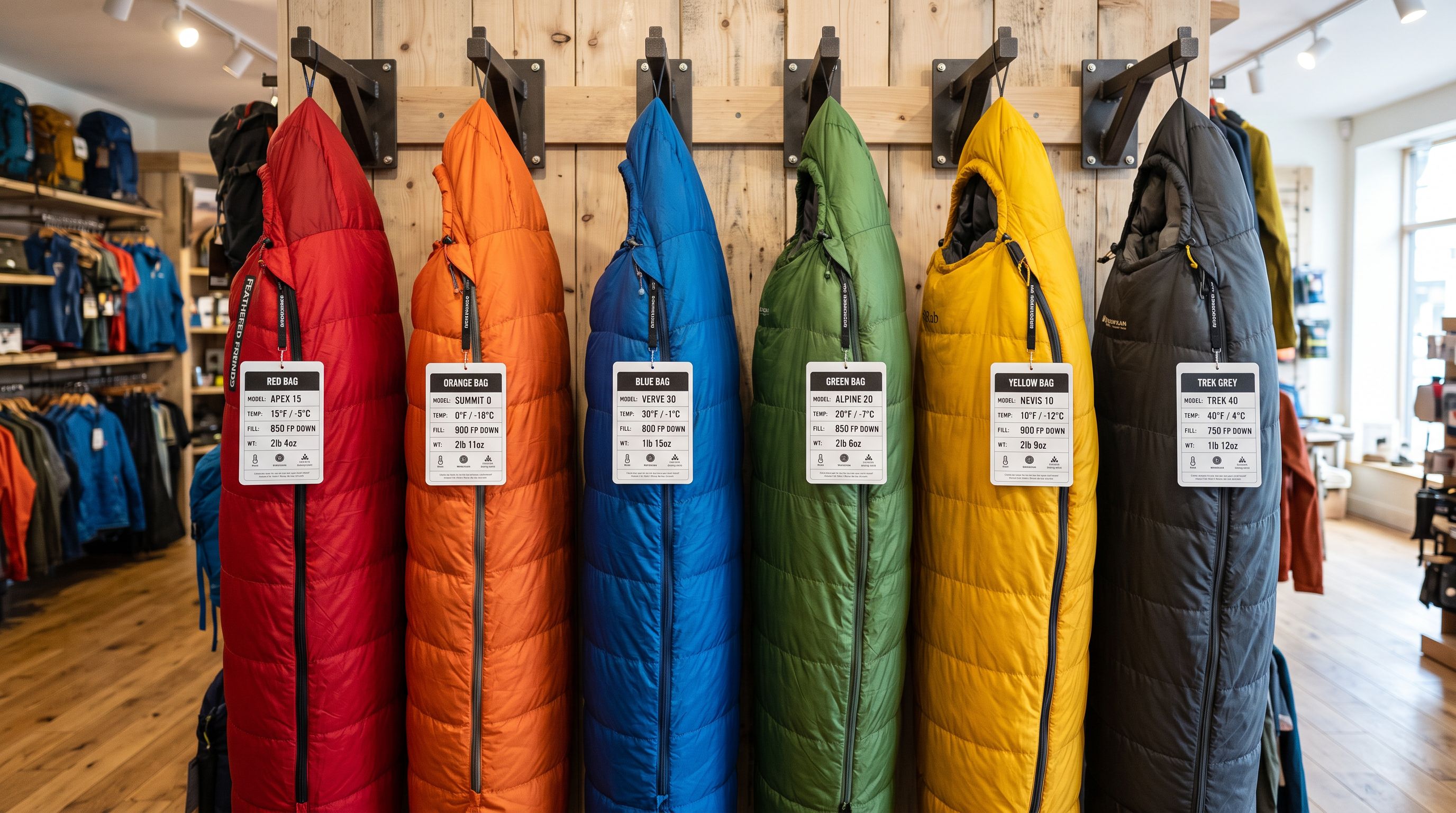 Row of precisely labelled outdoor sleeping bags on display brackets with detailed specification tags in a bright gear shop.