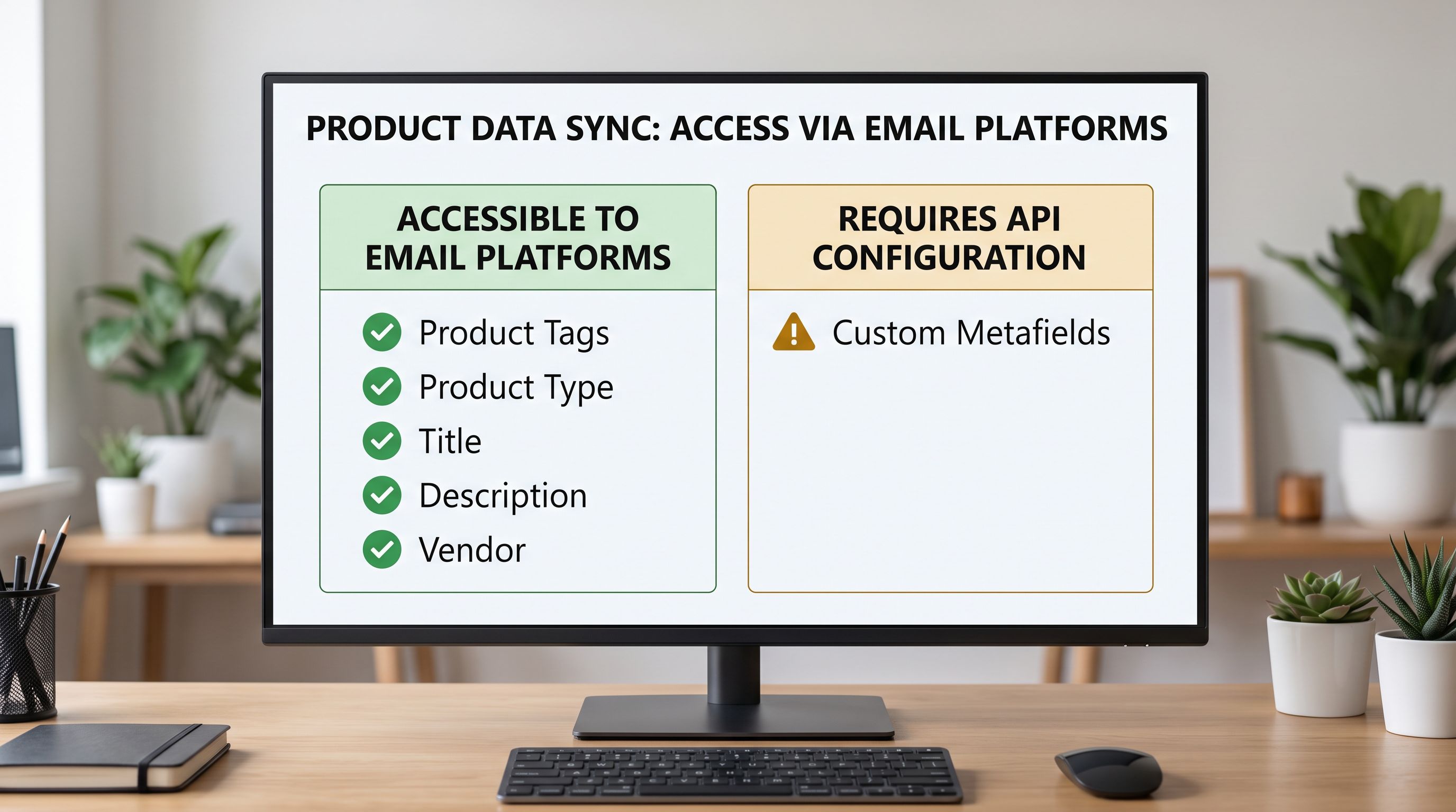 A diagram showing Shopify product data fields and which are accessible to email platforms: product tags with a green checkmark, product type with a checkmark, title and description with checkmarks, and custom metafields with an orange warning icon showing "Storefront API access required", sharp focus, colour photography.
