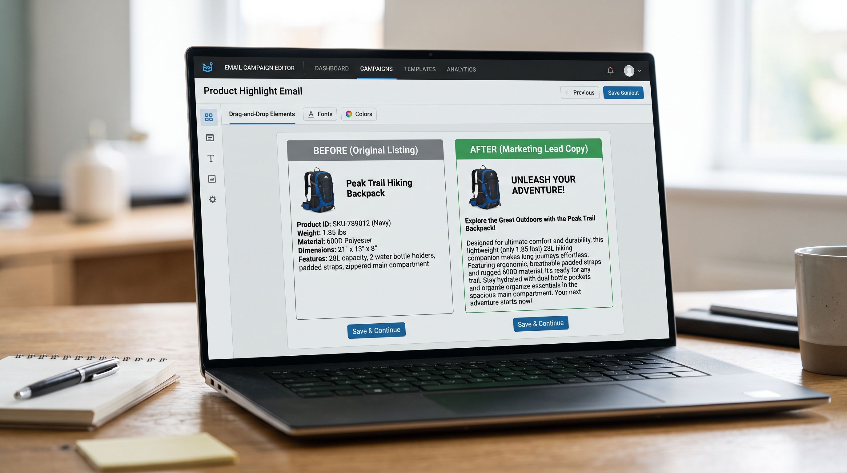 A laptop screen showing an email marketing dashboard with two product blocks side by side: the left block shows a product with a specification-first description that renders poorly in the email preview, and the right block shows the same product with a benefit-first description that produces a compelling email preview line, sharp focus, colour photography.