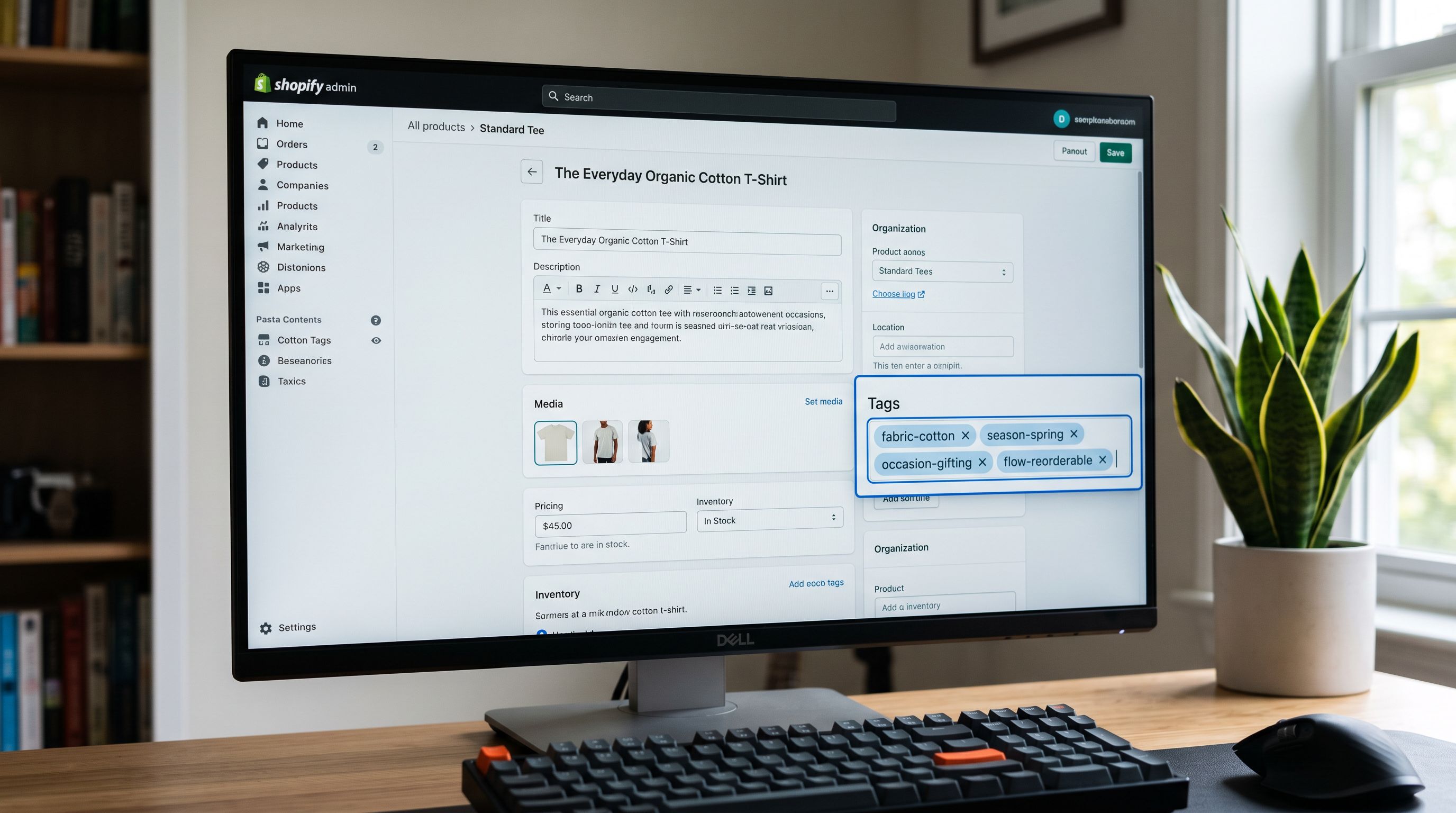 A Shopify admin product page showing the Tags field with structured tag values applied after import: fabric-cotton, season-spring, occasion-gifting, flow-reorderable displayed as separate tag chips in a product detail view, sharp focus, colour photography.
