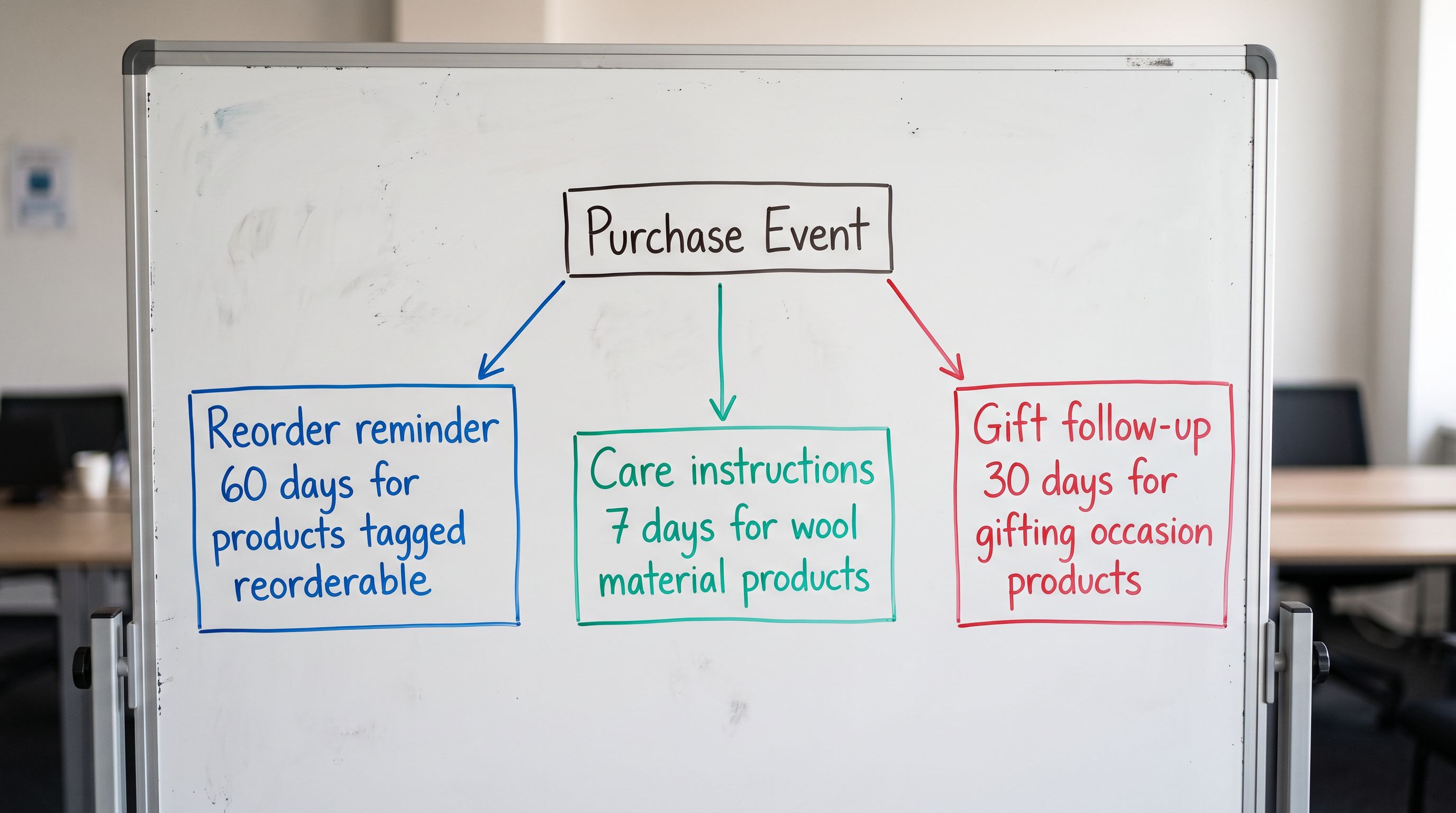 A post-purchase email sequence diagram showing three branches: a customer who purchased a product tagged flow-reorderable receives a reorder reminder at 60 days, a customer with material-wool product receives a wool-care instruction email at 7 days, and a customer with occasion-gifting product receives a gift occasion follow-up at 30 days, sharp focus, colour photography.