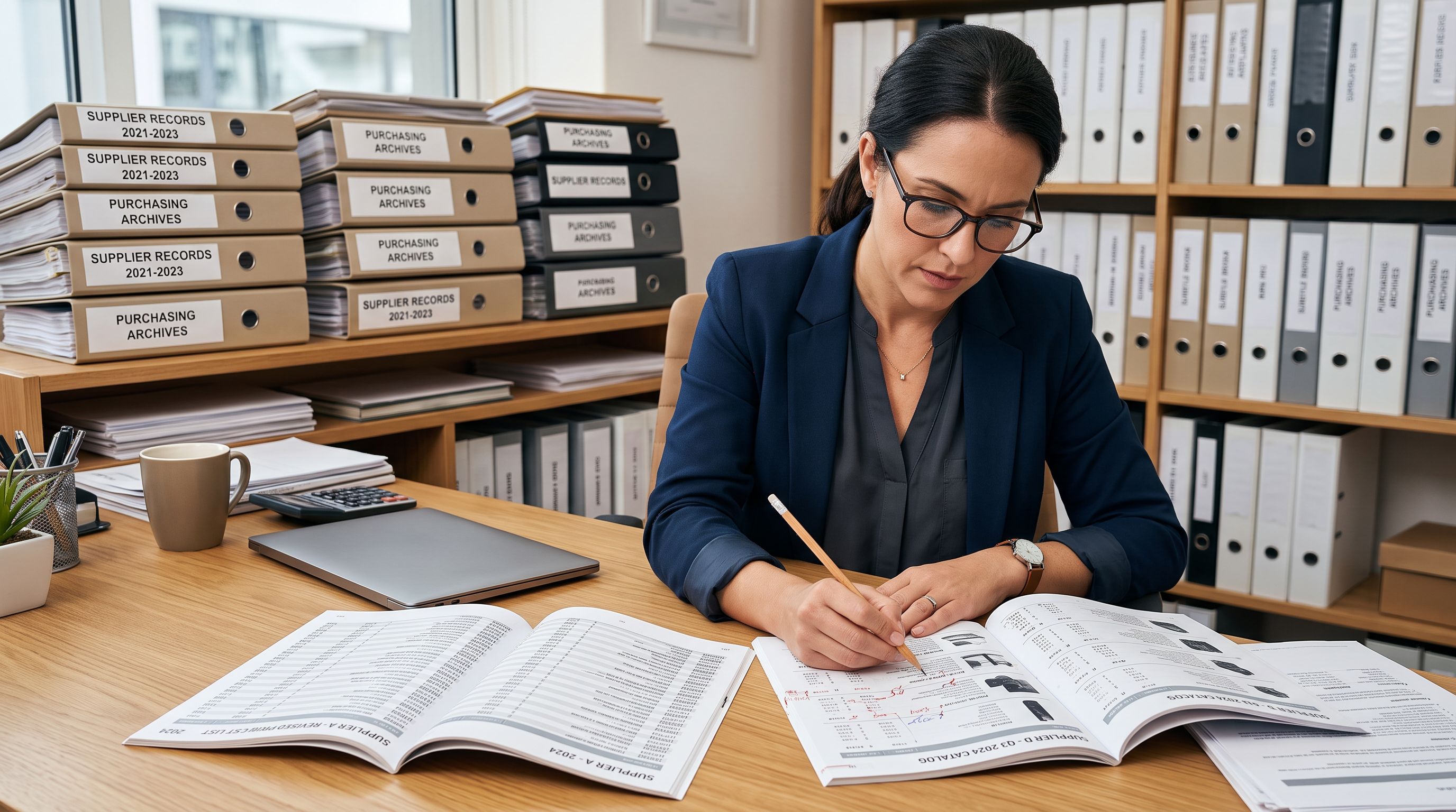 Product data manager cross-referencing two printed supplier price catalogues at a desk, marking corrections with a pencil while archived supplier files sit in the background
