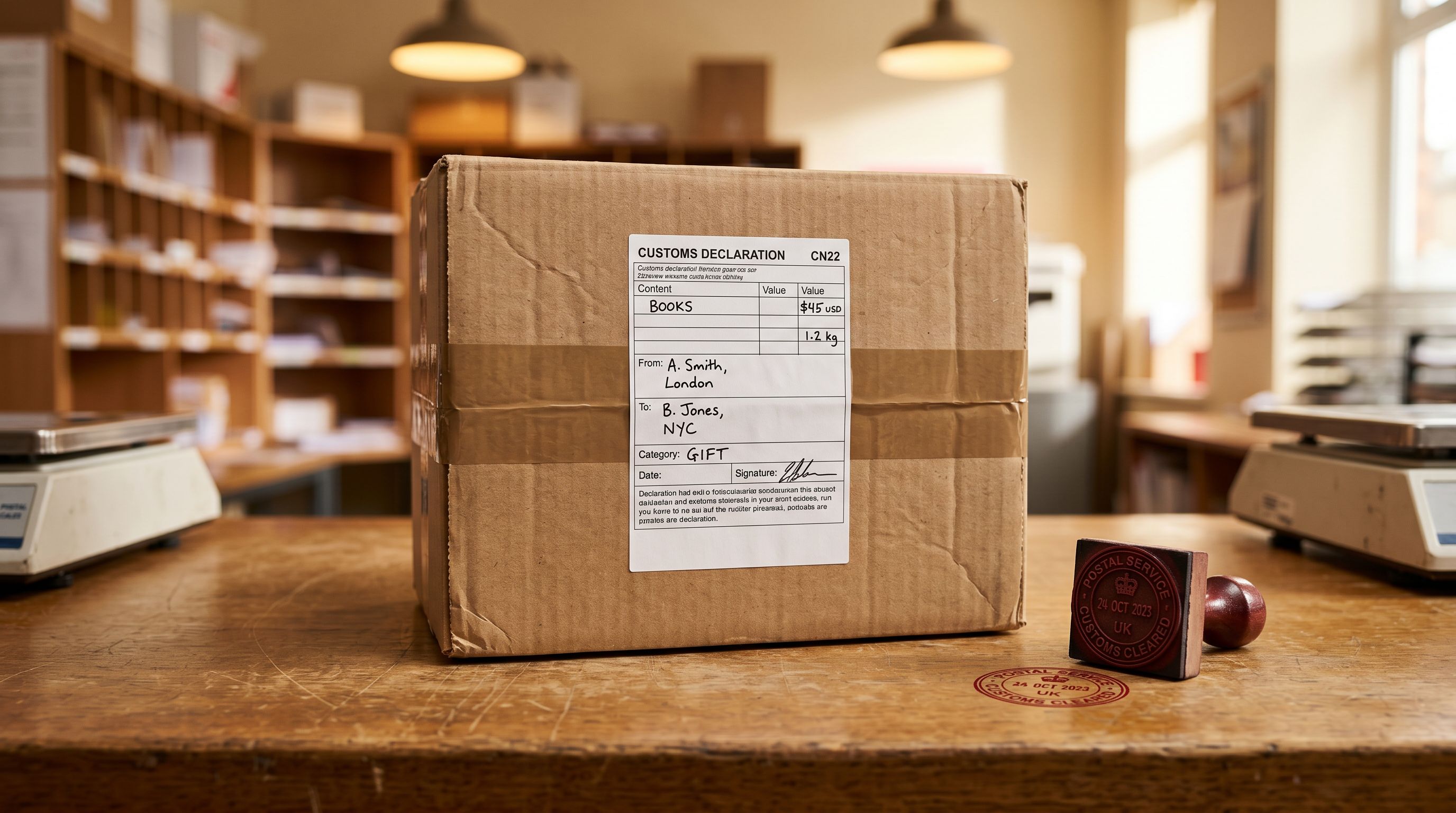 A cardboard shipping box on a postal counter with a customs declaration label attached and a rubber stamp beside it.