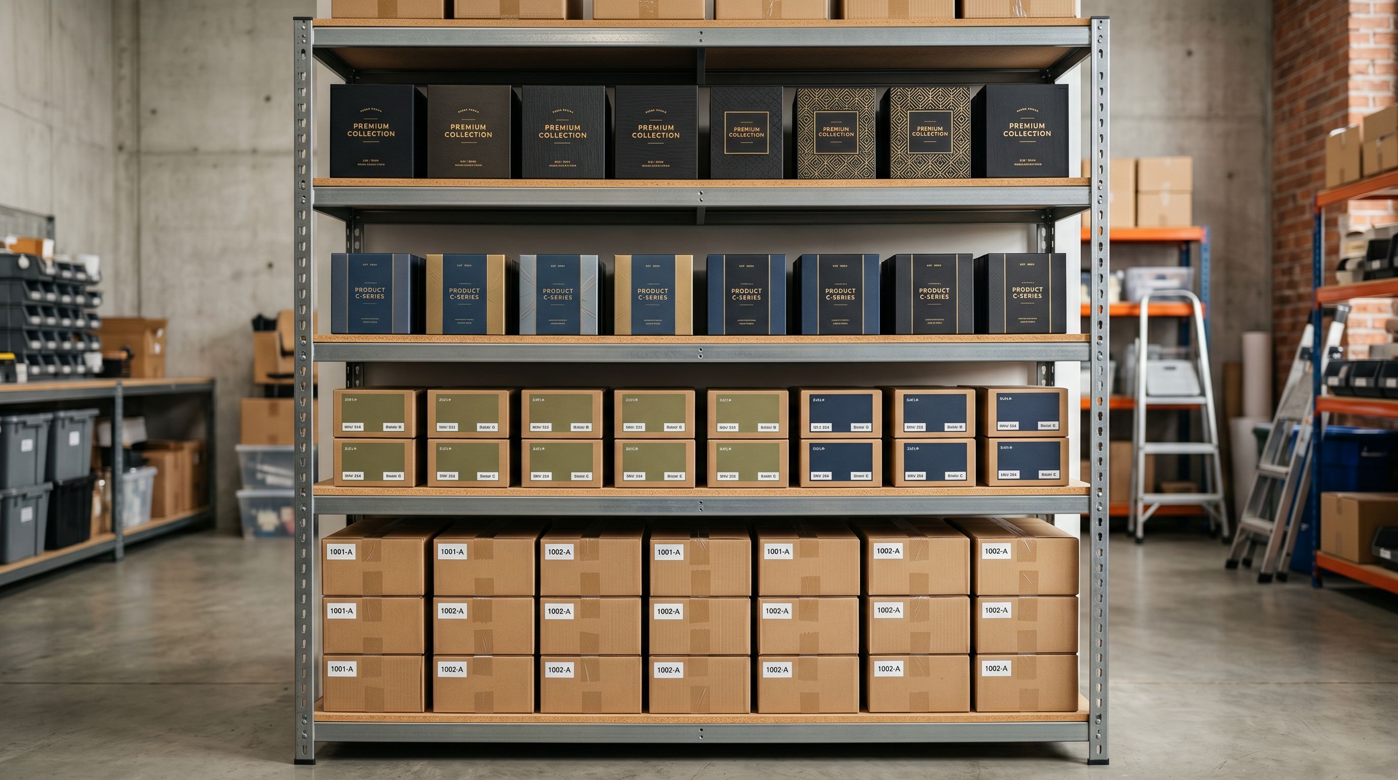 Four shelves in a stockroom each progressively stocked with more refined and carefully arranged product samples representing quality tiers.
