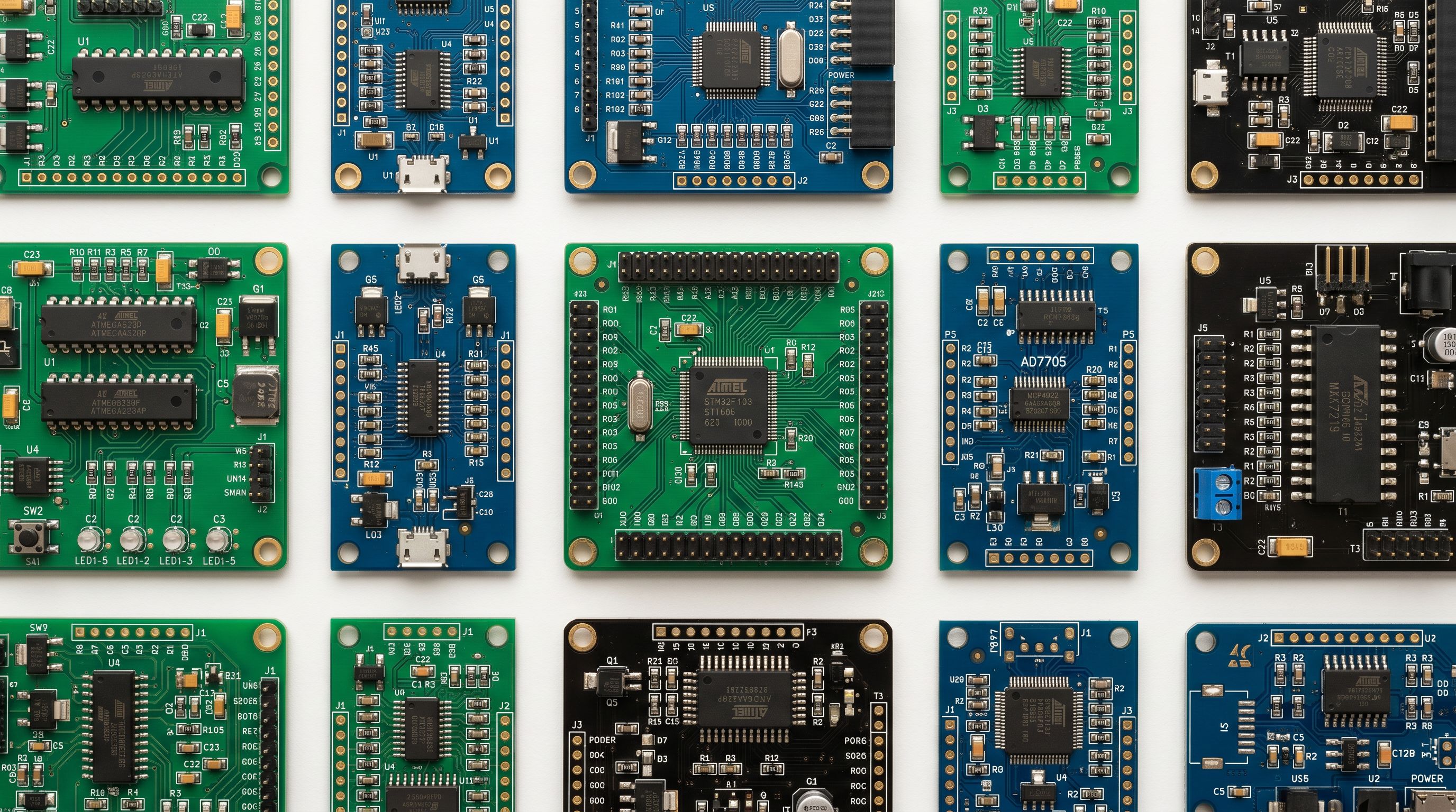Close-up of electronic component circuit boards with printed specification labels arranged in a technical grid on a white surface.