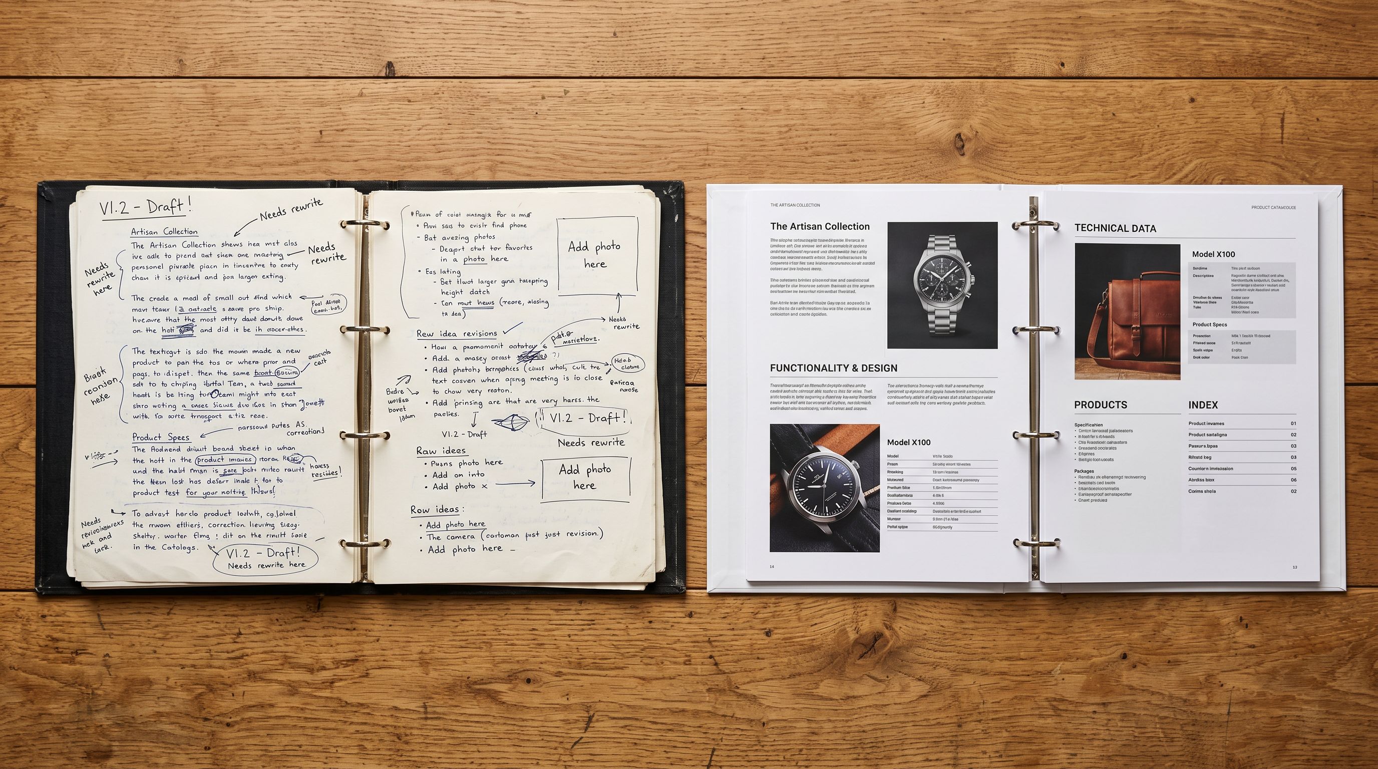 Two product catalogues side by side on a clean table, one with rough pencil drafts and one with refined printed descriptions representing different passes.