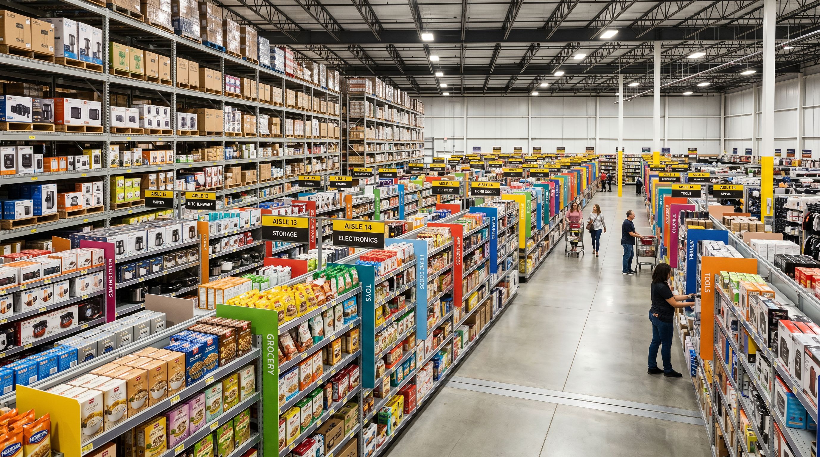 Organised rows of packaged retail products in a bright warehouse with visible category labels on shelves showing different product tiers.