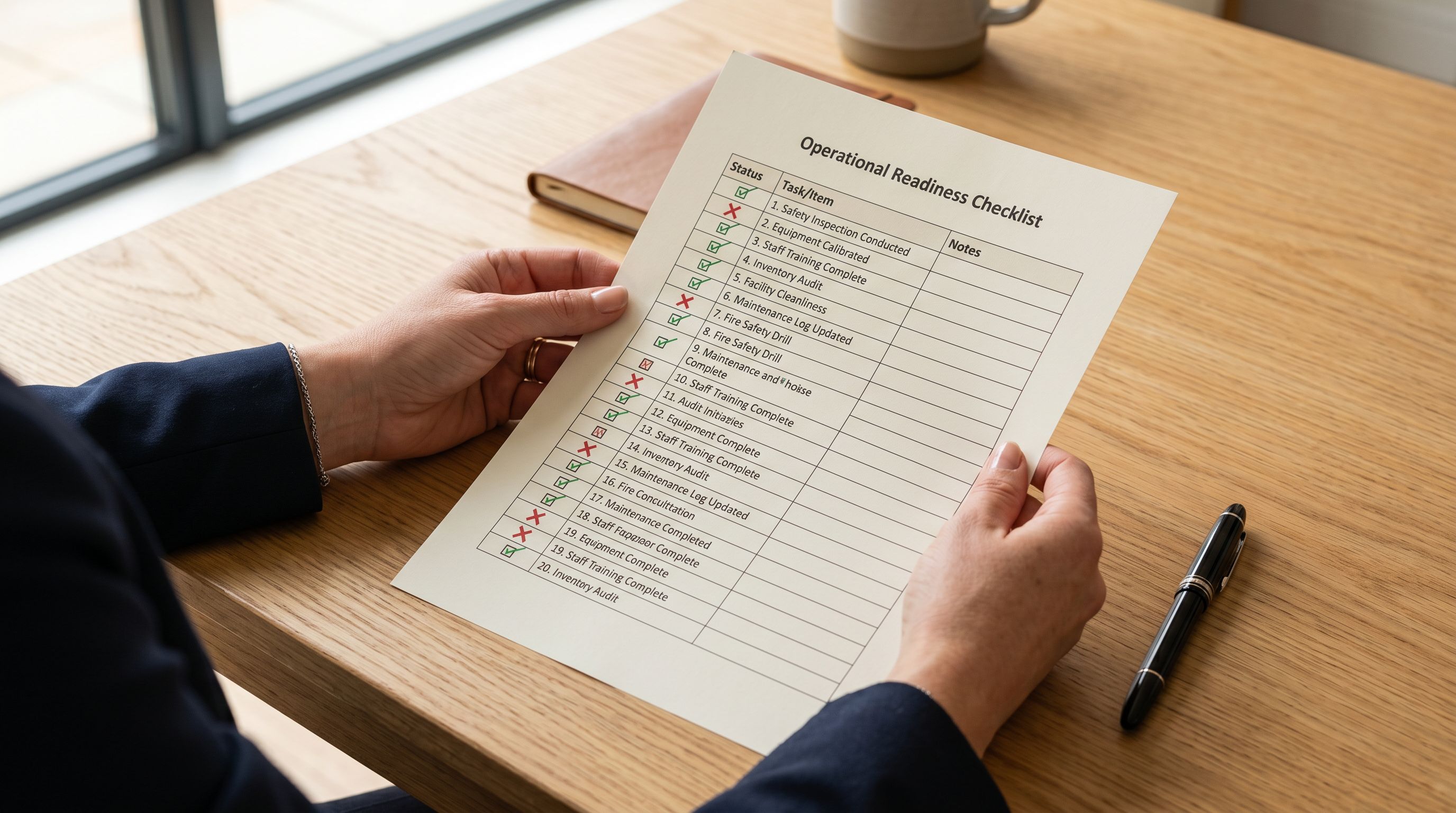 Person at a desk reviewing a printed configuration checklist with different options highlighted in green and red marker.