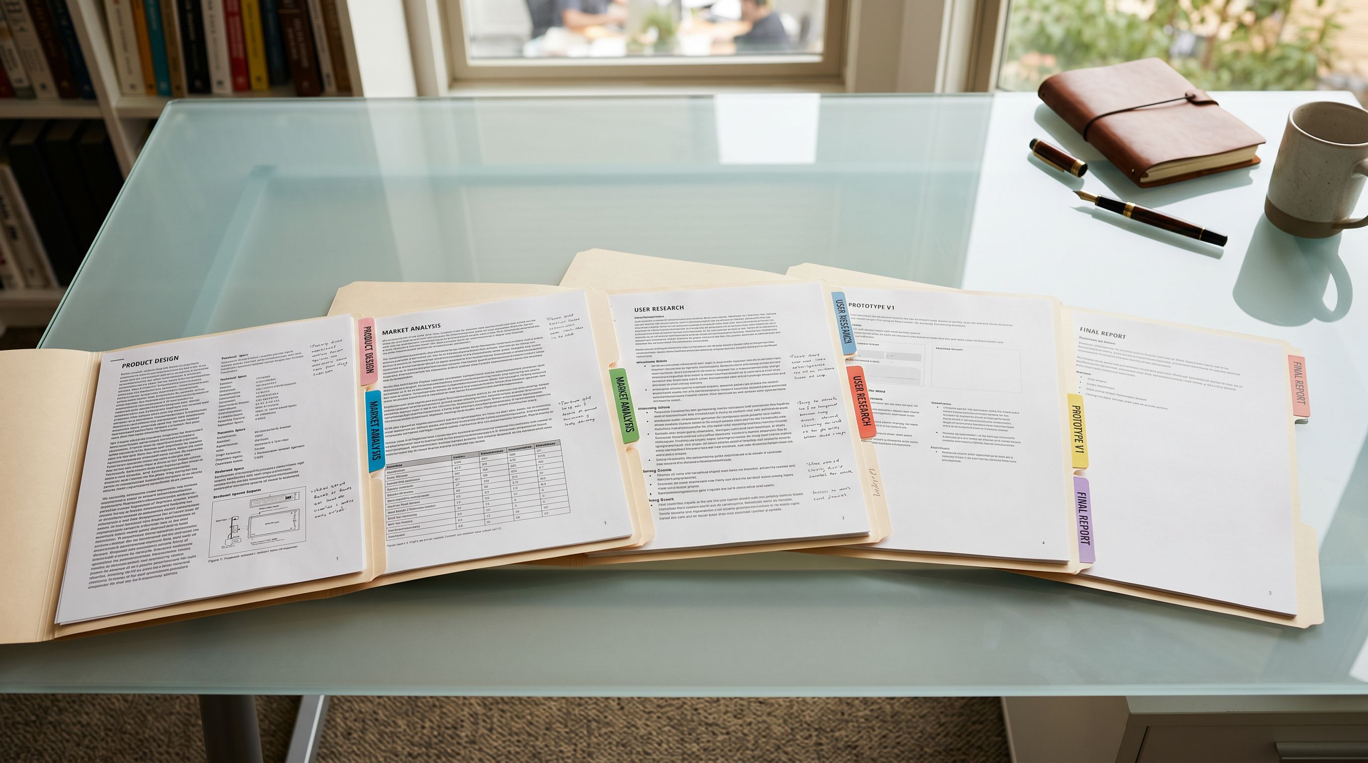 Product description documents printed and sorted into labelled manila folders by product category type on a clear workbench.