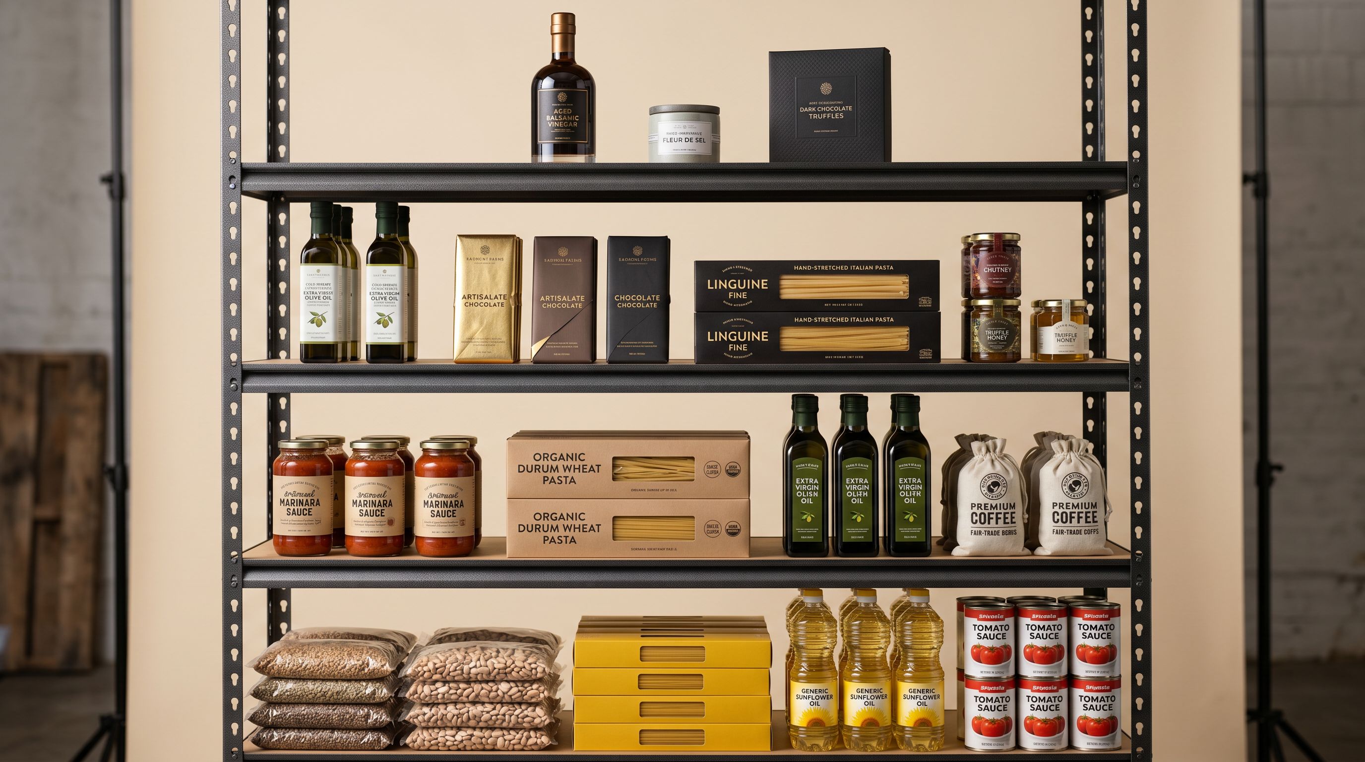 Four-tier product display shelf in a stockroom with products arranged in ascending quality order from bottom to top shelf.
