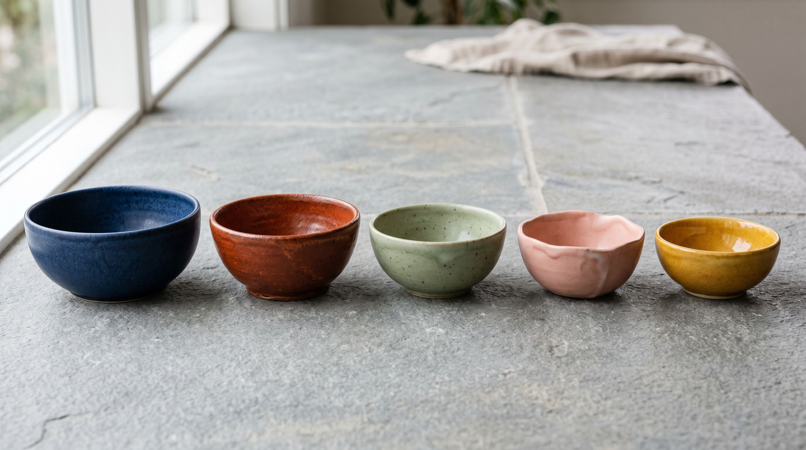 Distinct coloured ceramic bowls in a row representing different brand voices per client store