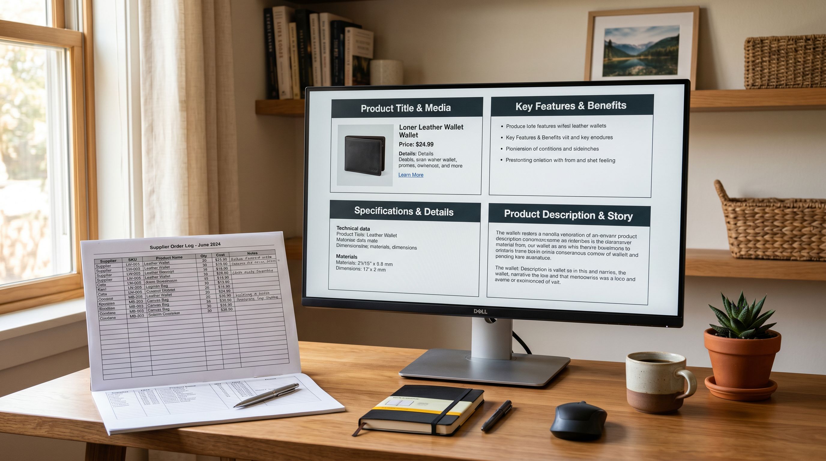 Electronics product description on a monitor showing structured sections for In the Box, Specifications, Compatibility, and Warranty alongside a supplier spreadsheet.
