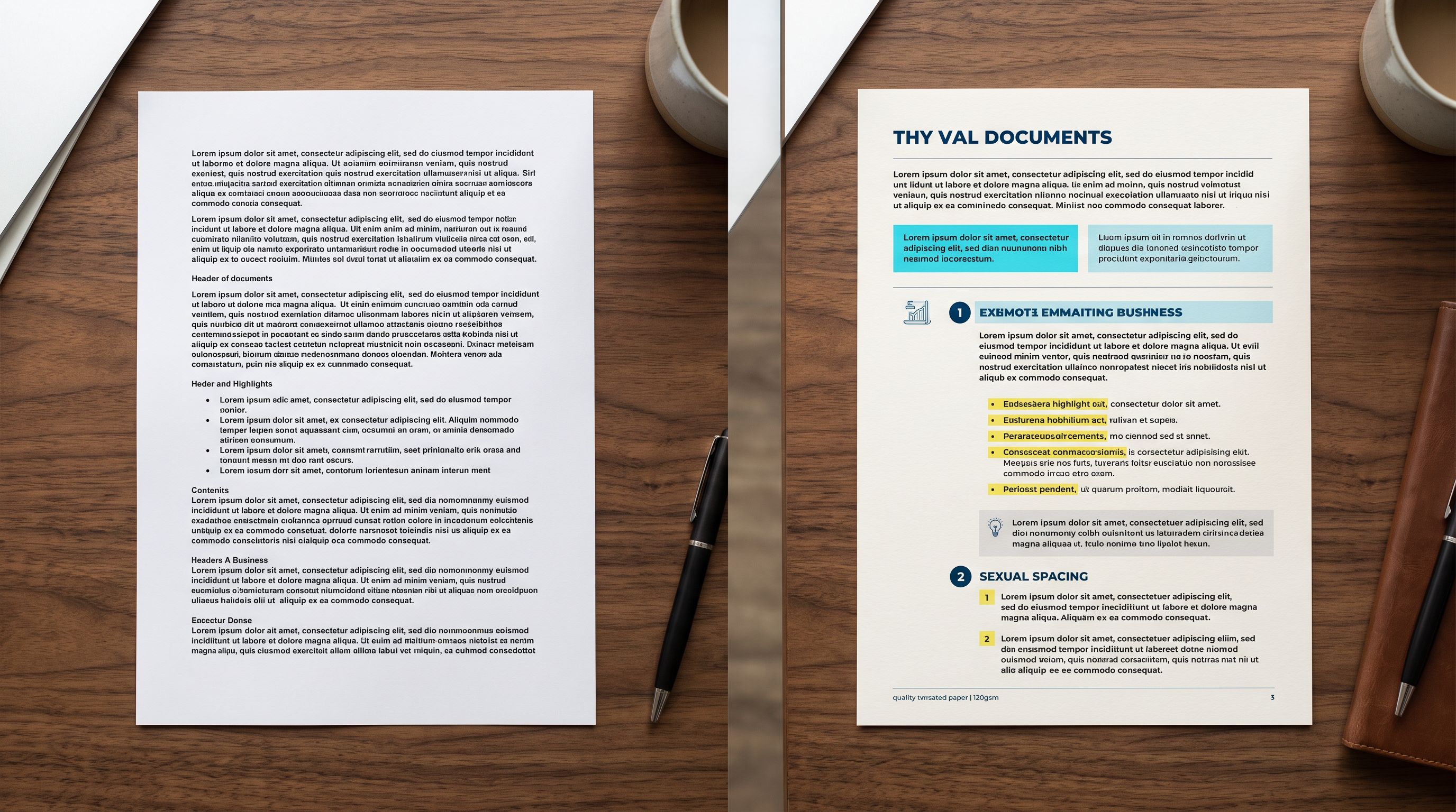 A formatted document beside an identical plain unformatted printout, showing what formatting is lost in conversion.