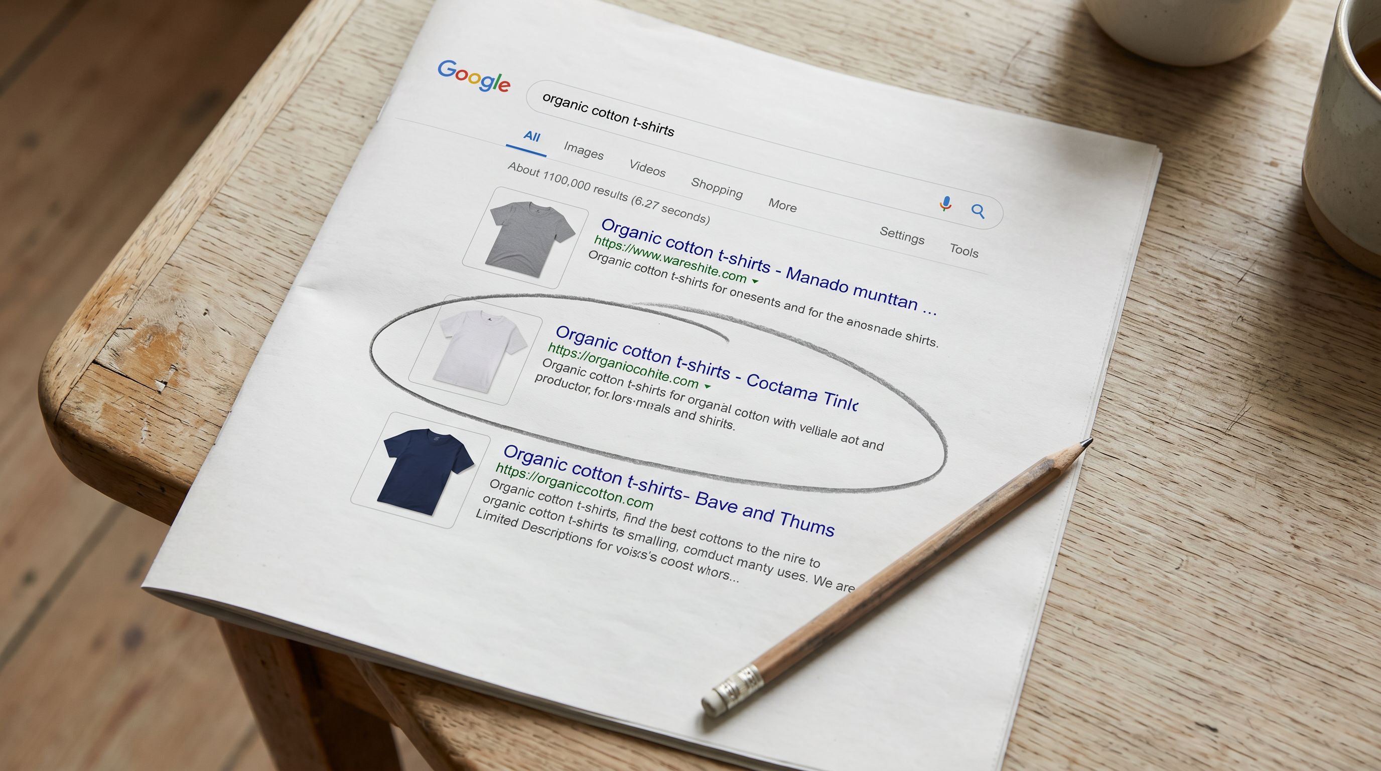 Printed Google search results page on a desk showing three product listings with different levels of description detail, the most detailed one circled in pencil to indicate better ranking performance.