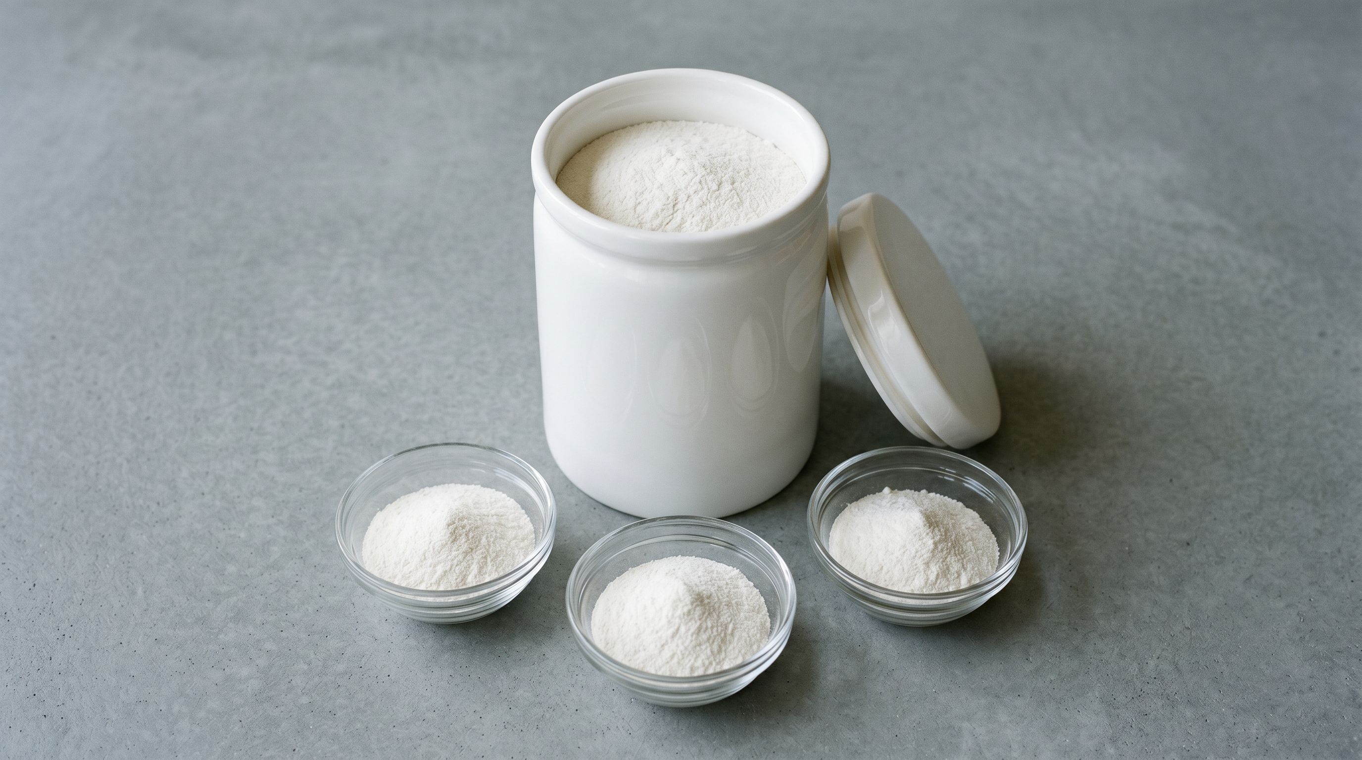 Premium supplement canister with lid off showing white powder, surrounded by three small glass bowls each containing an equal measured portion of the same powder.