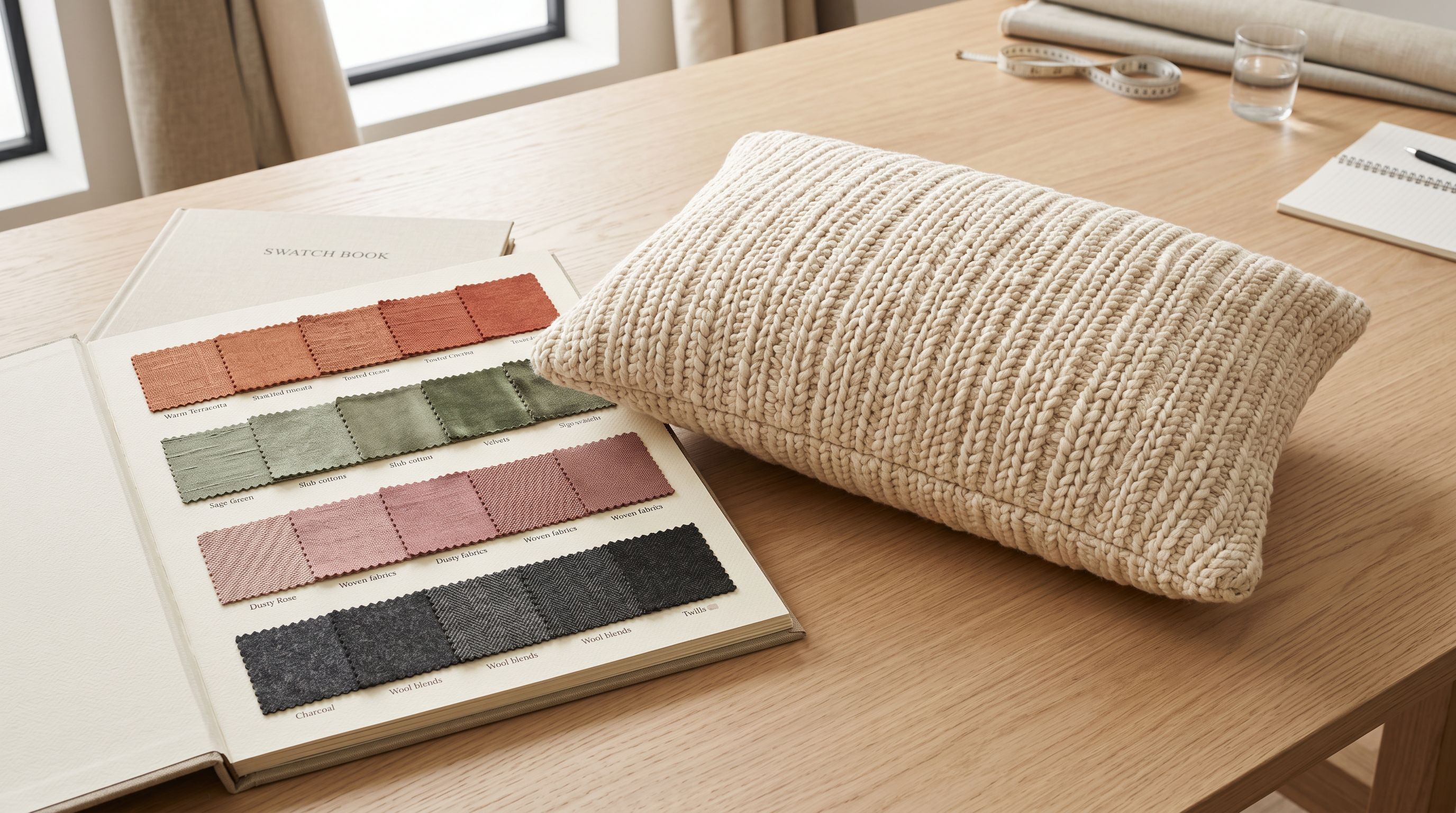 Premium ribbed ivory cushion resting against an open fabric swatch book showing terracotta, sage, dusty rose, and charcoal fabric samples on a light timber surface.