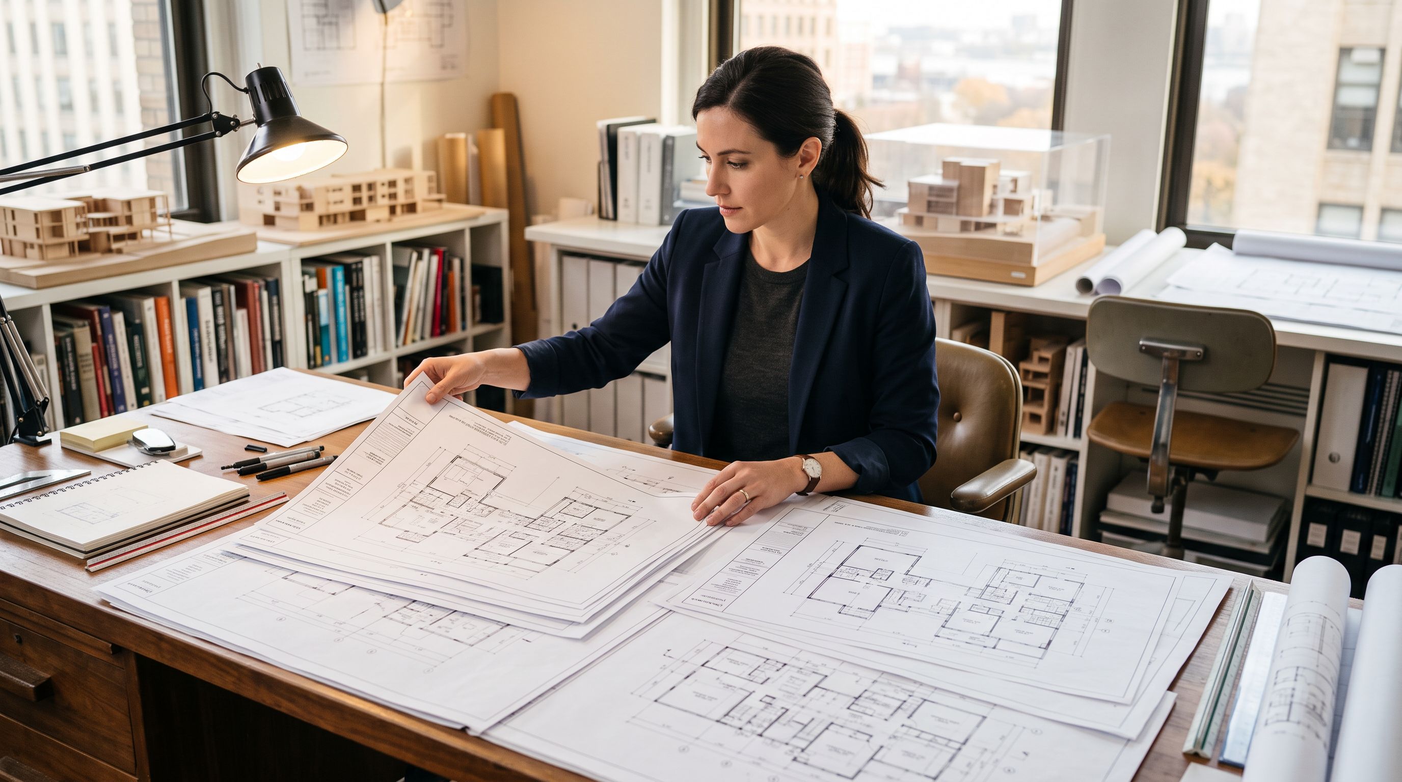 An architect rearranging building floor plan sheets on a drafting table, comparing two layout arrangements.