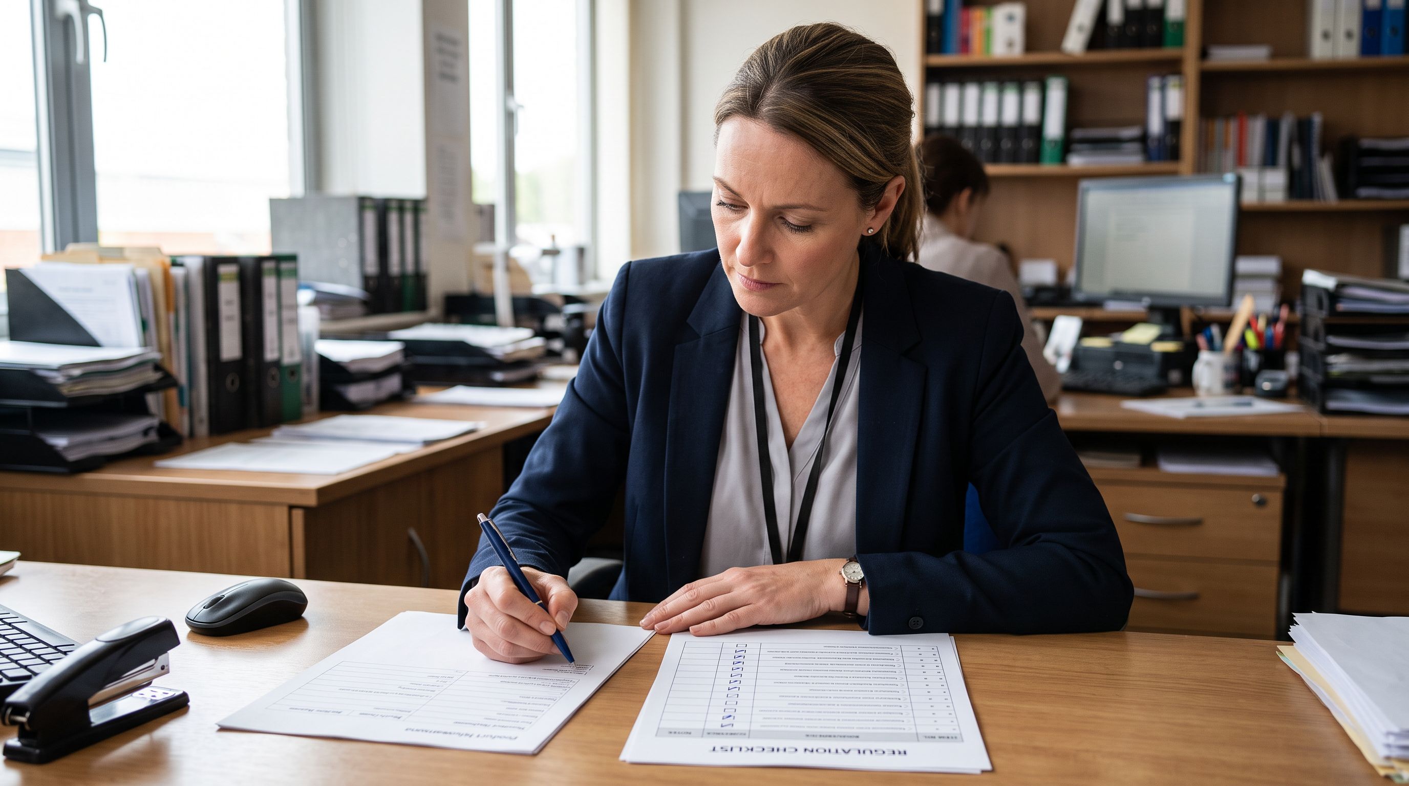 A retail compliance inspector reviewing a product information sheet against a checklist row by row.
