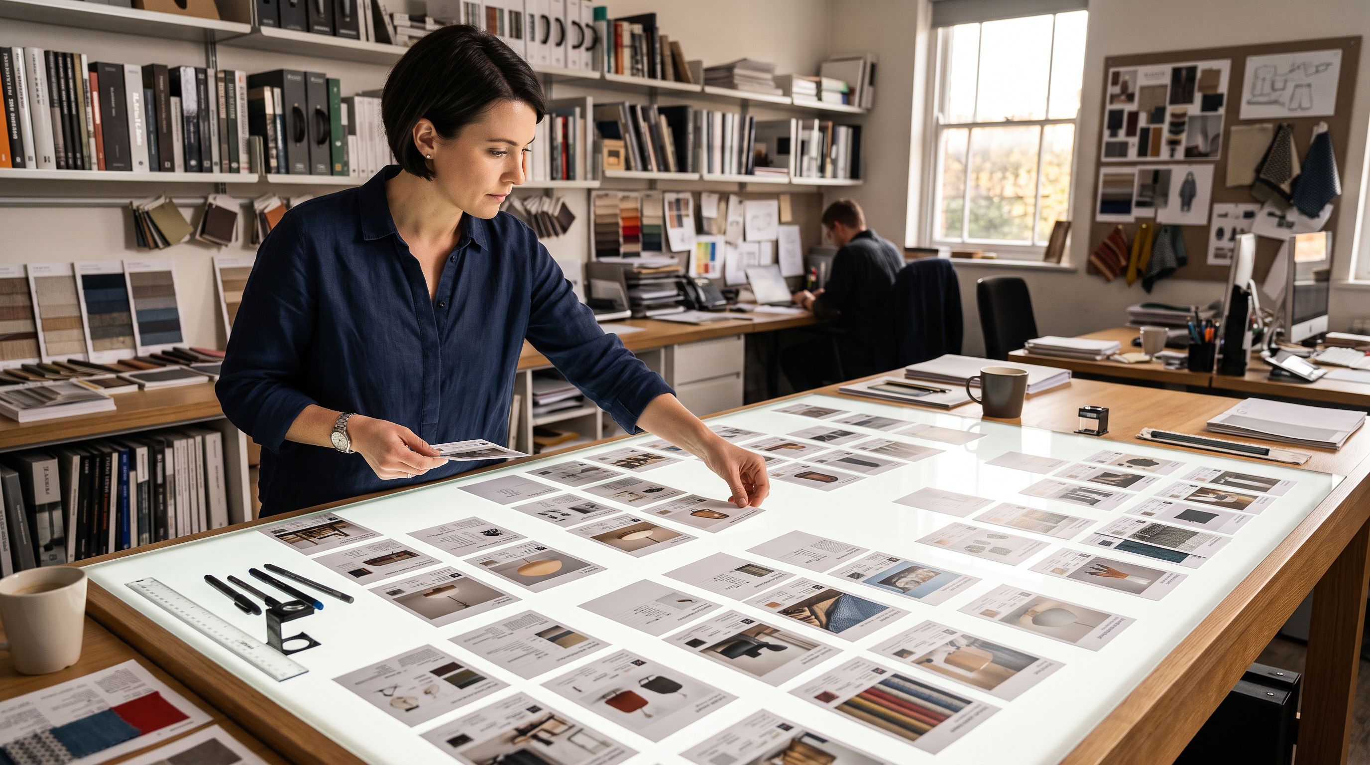 A catalogue designer arranging product specification cards in different sequences on a light table.