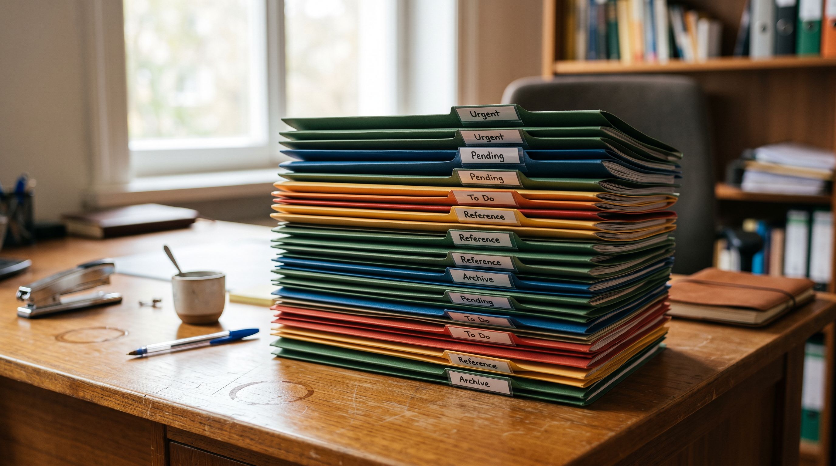 Indexed document folders arranged in priority order on a desk, representing structured section ordering.