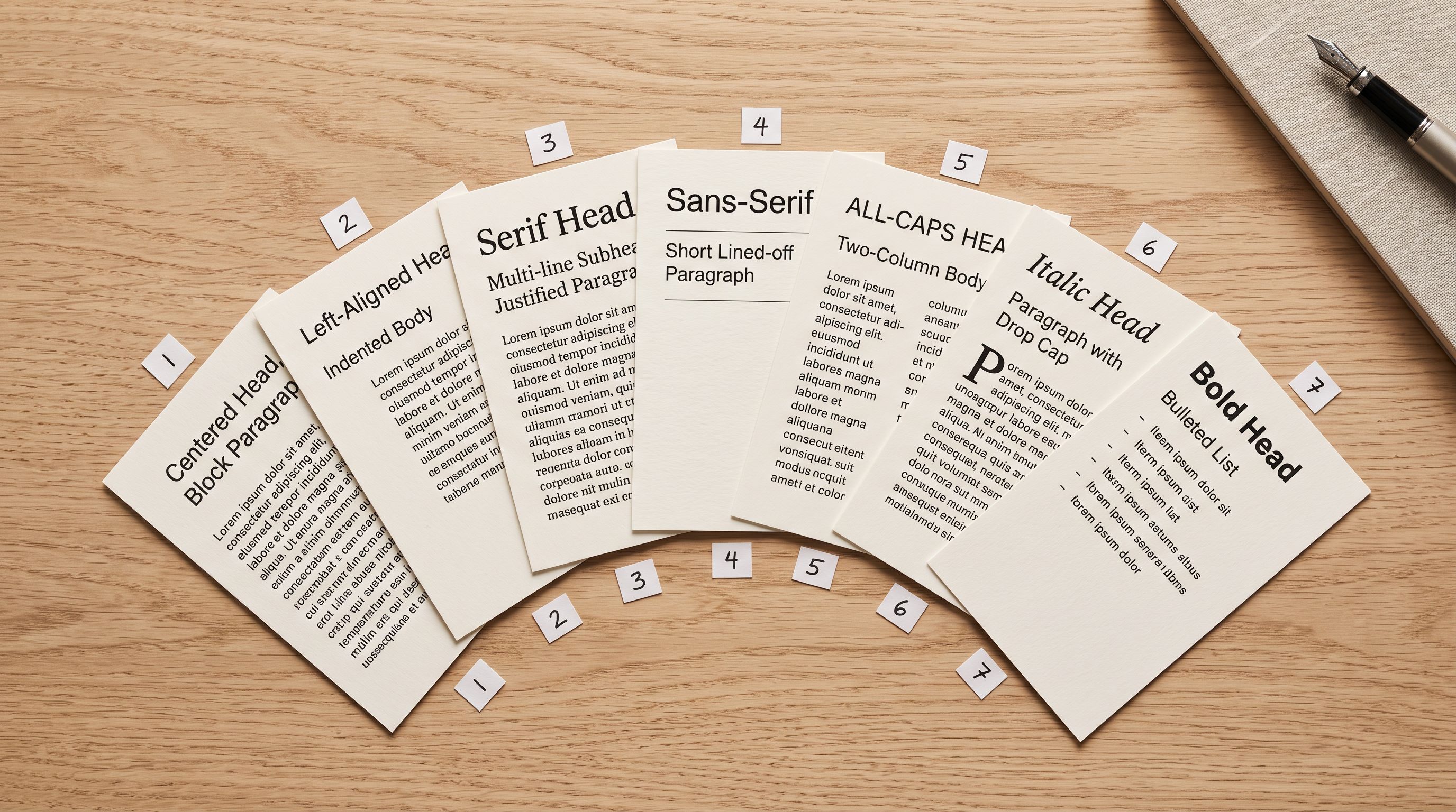 Seven labelled sample cards arranged on a light timber surface, each showing a different document layout and format.