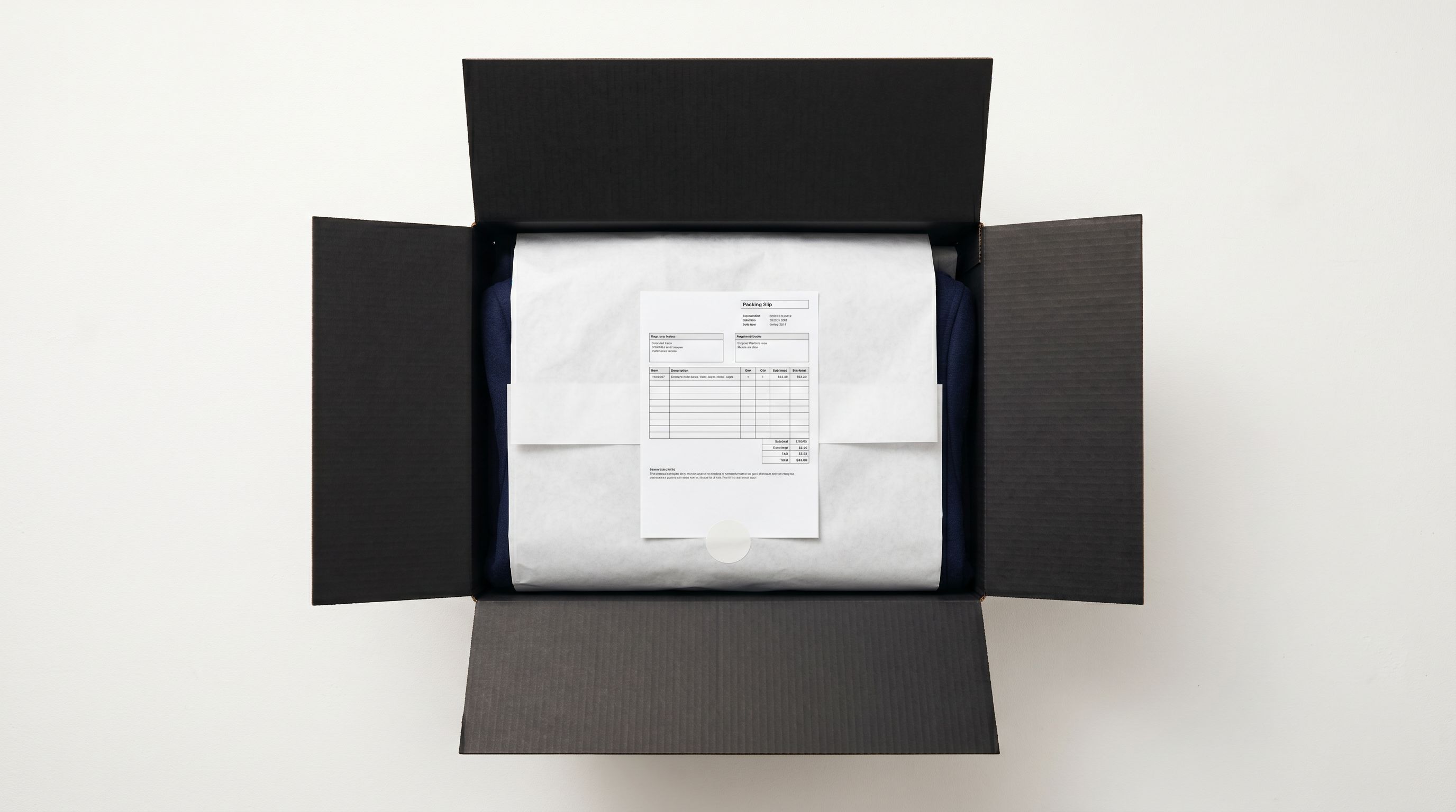 A retail shipping box open from above with a neatly folded jacket wrapped in white tissue paper and a packing slip inside.