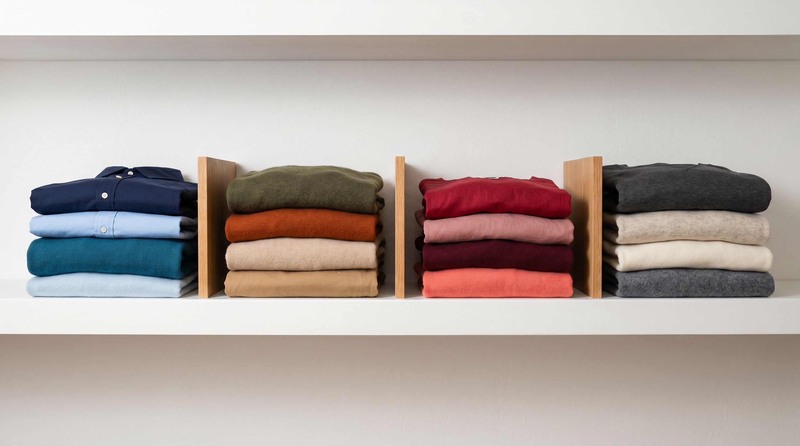 Four groups of folded garments arranged on white shelving, each group a different colour palette, neatly separated by dividers.