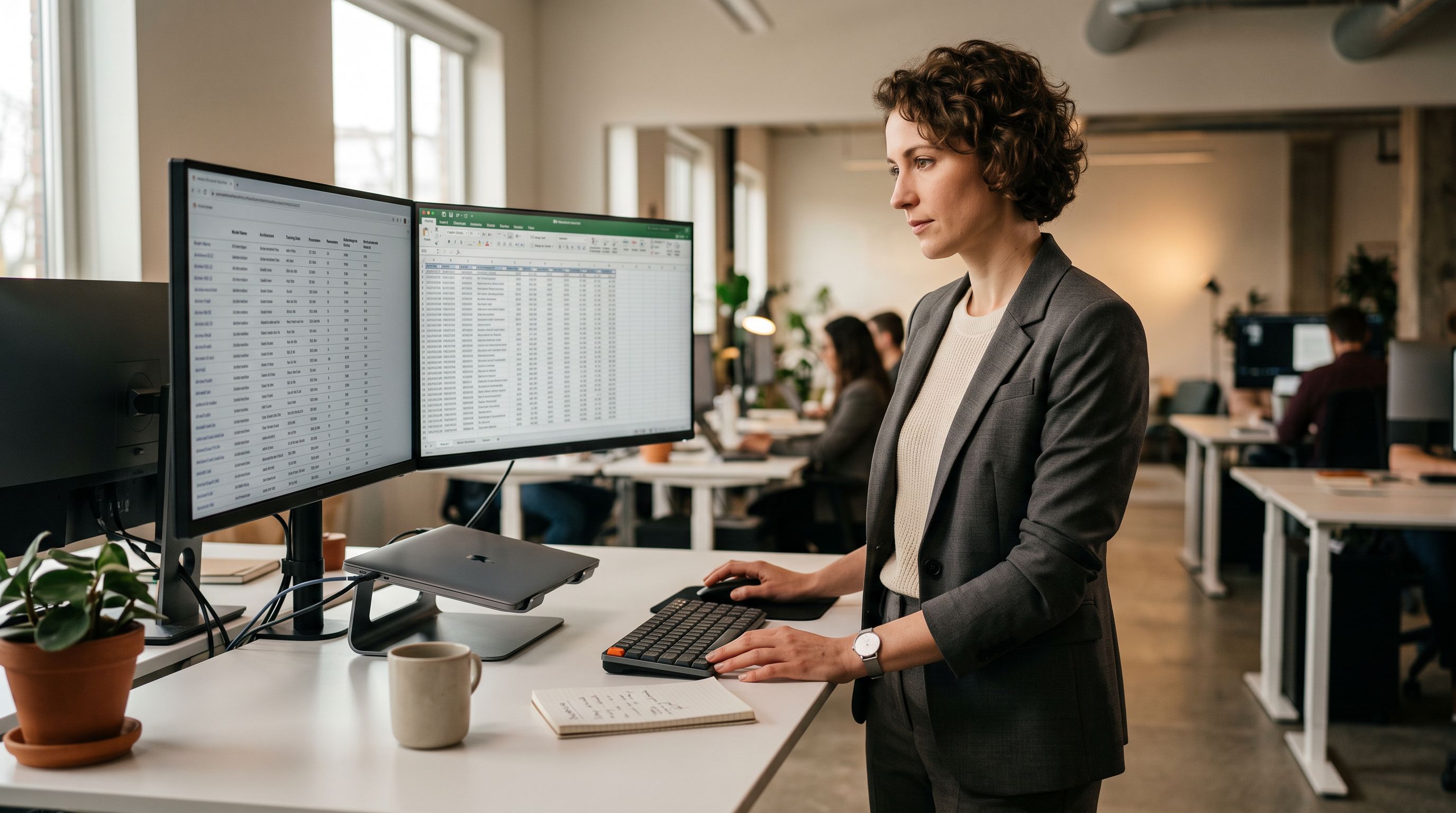 A product manager at a standing desk configuring product import settings on a dual-monitor workstation, reviewing a list of AI model options and description style settings on one screen while a spreadsheet of product data is open on the other.