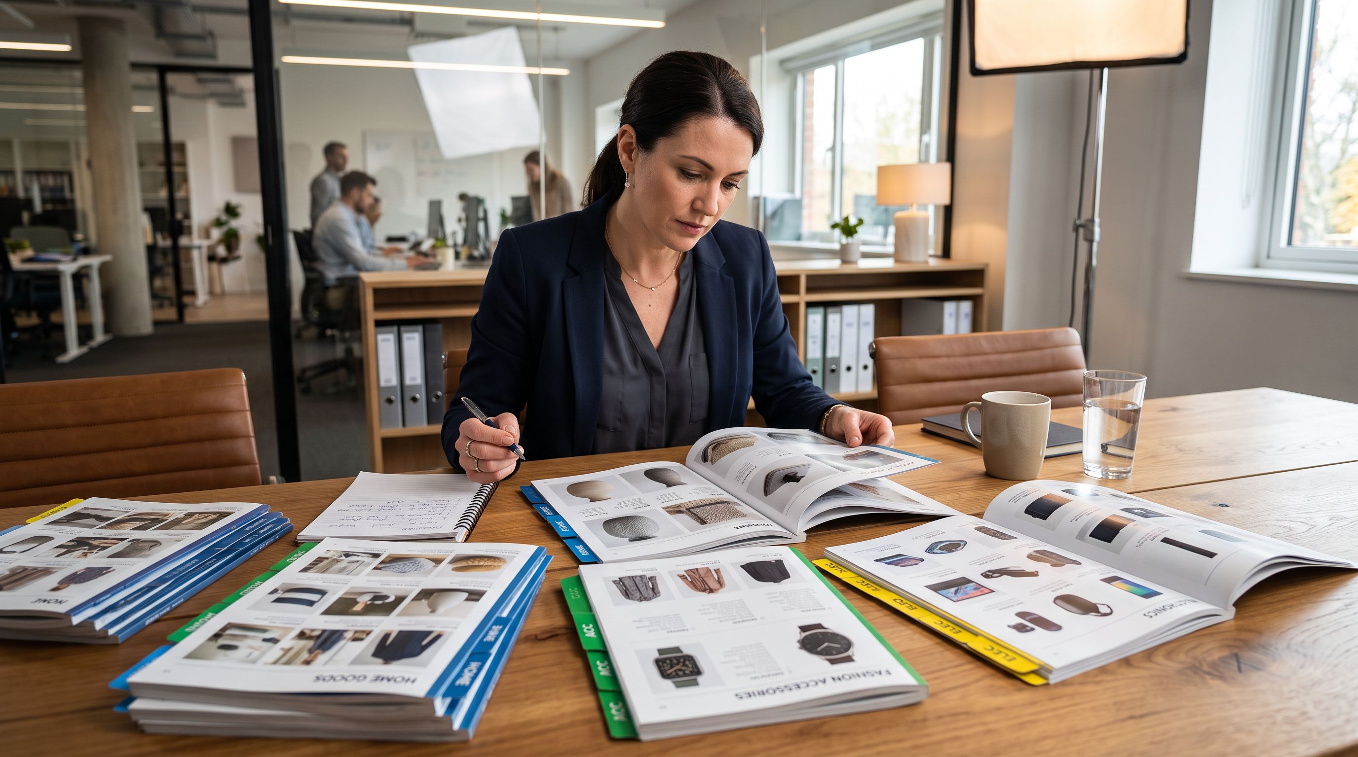 A wholesale merchandise buyer reviewing printed catalogues from three different product categories on a long table, with colour-coded tabs marking different sections representing different product types within the same supplier catalogue.