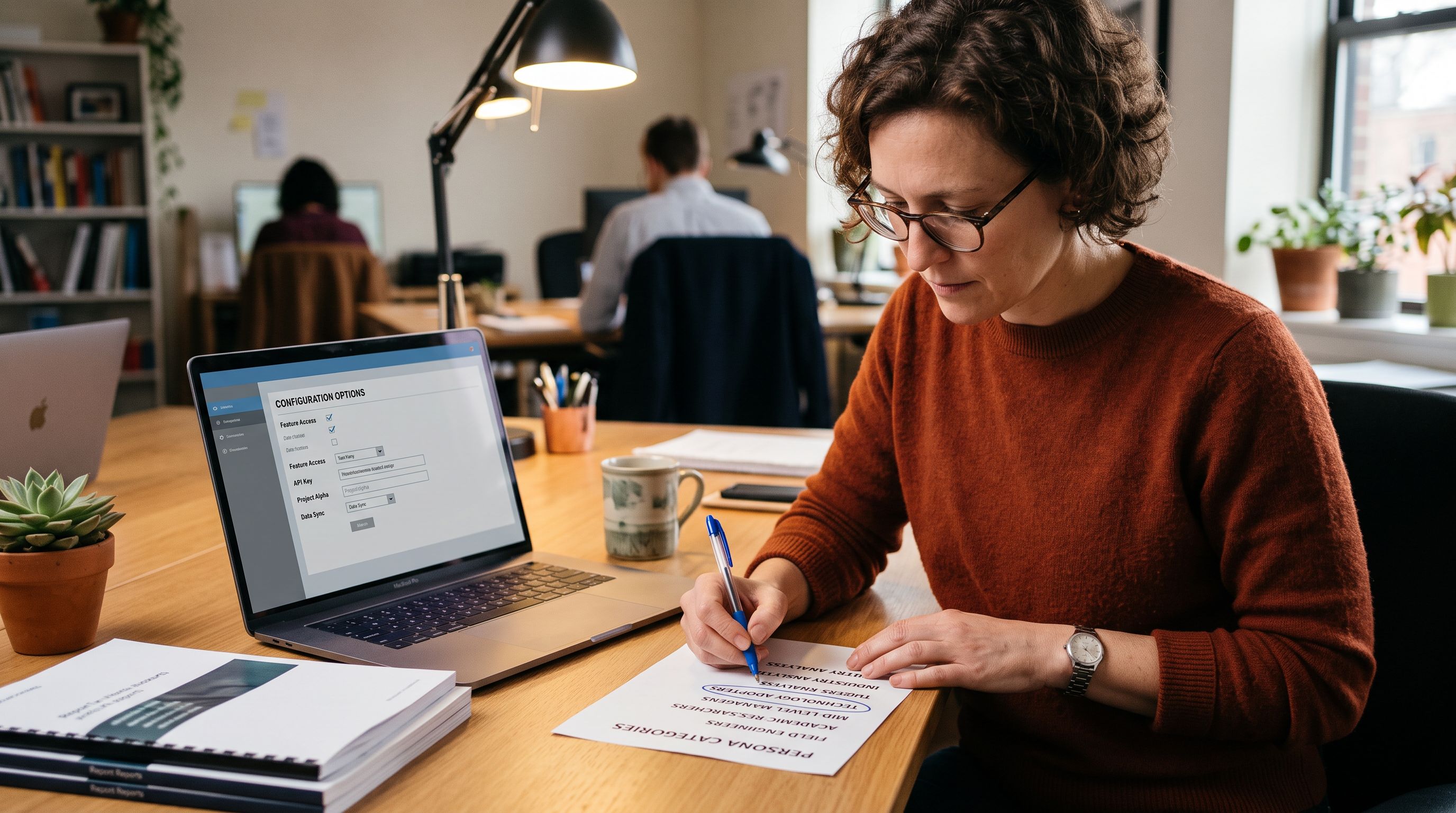 A product content specialist at a desk reviewing a printed list of persona categories, circling three options with a pen while a laptop beside them shows an open product description configuration panel.