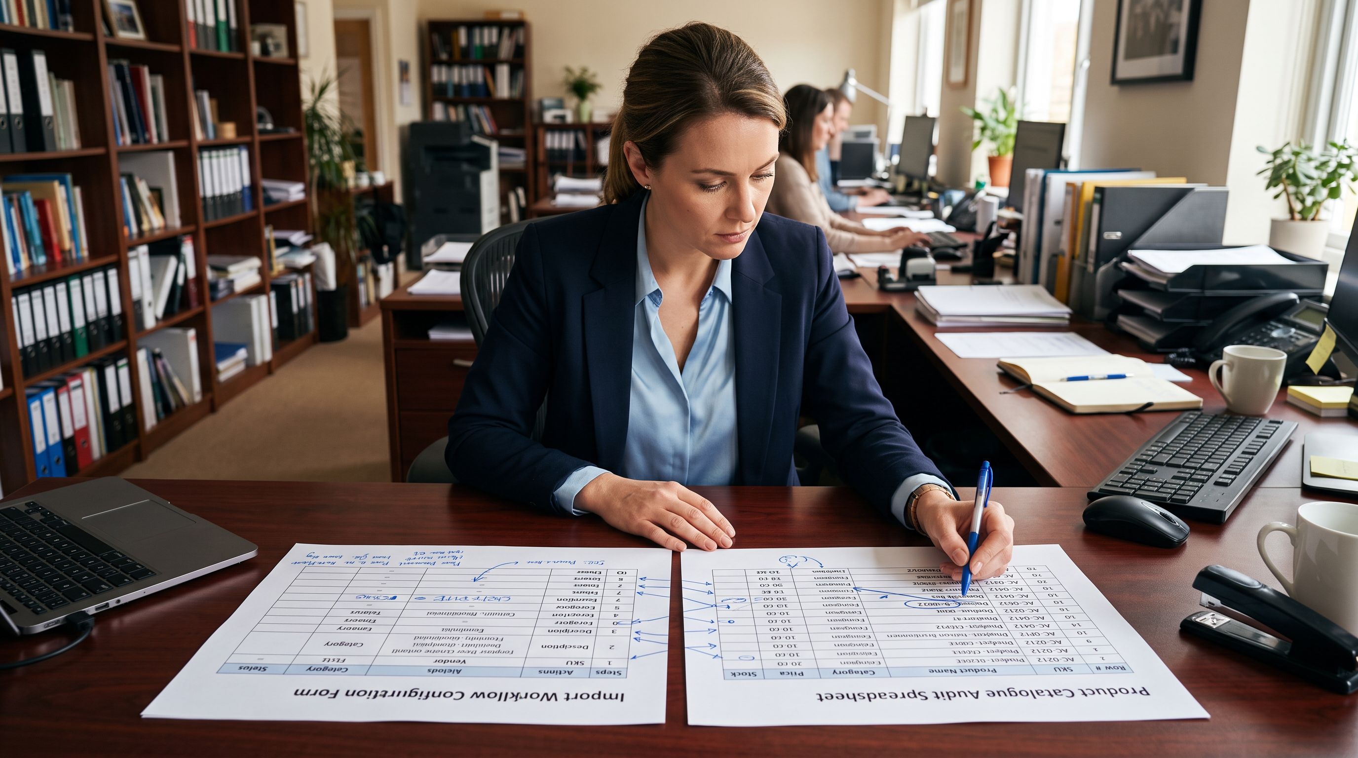 A retail operations manager at a wide desk comparing two open documents side by side, one showing an import configuration screen and the other showing a product catalogue audit spreadsheet, with notes linking specific products to planned content updates.