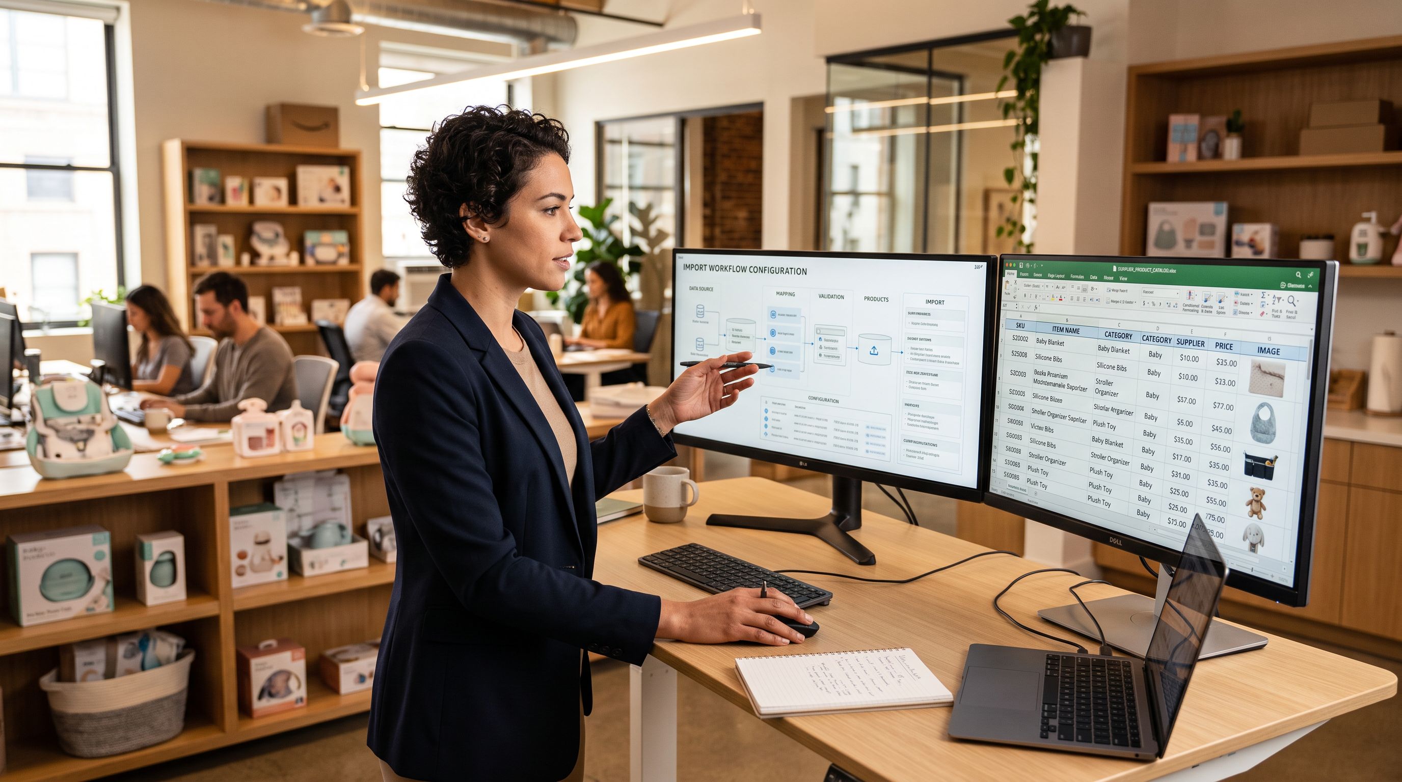 Product merchandiser at a standing desk reviewing import configuration settings on a widescreen monitor with supplier product spreadsheet open on second screen