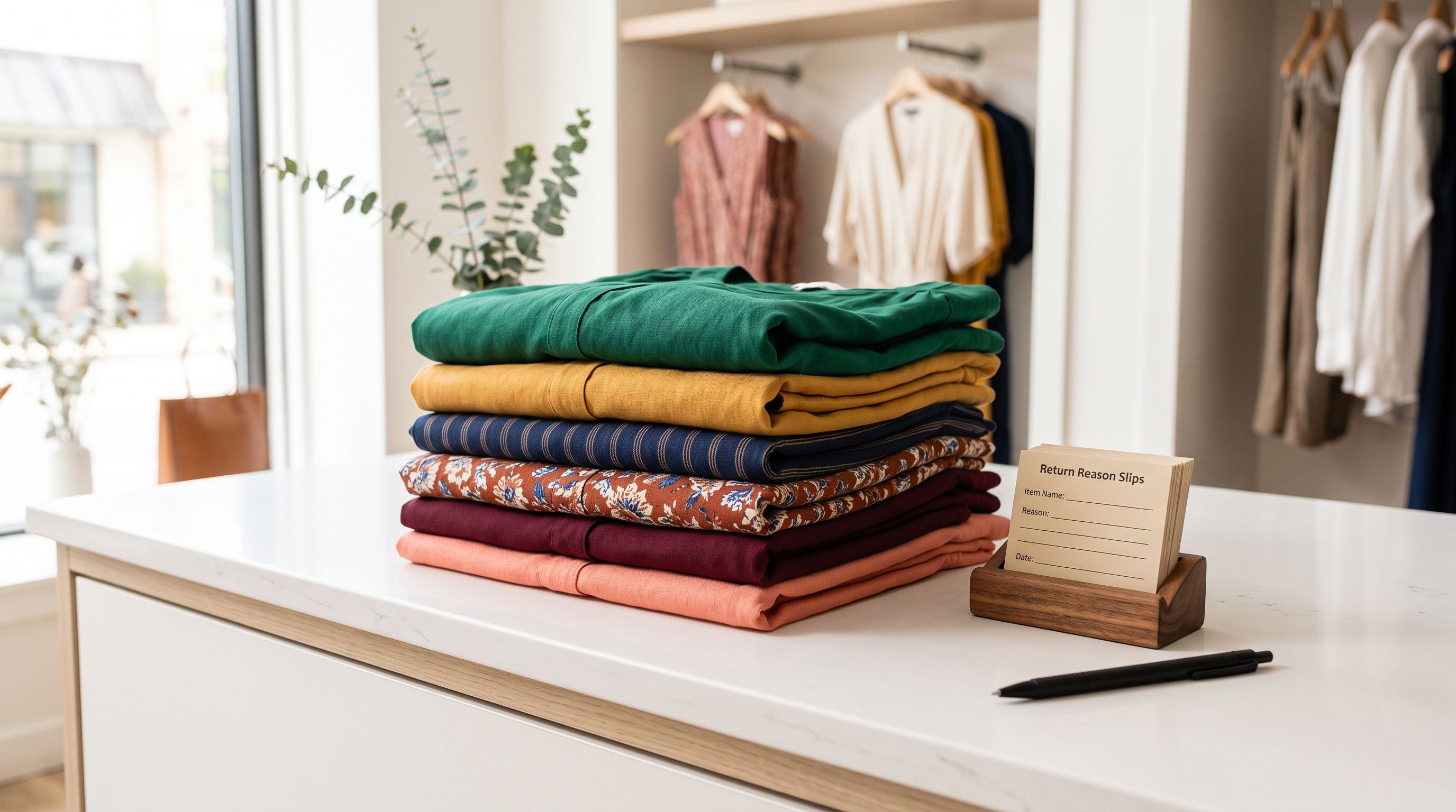 Stack of returned dresses in different colours on a white retail counter beside return reason slips in natural daylight.